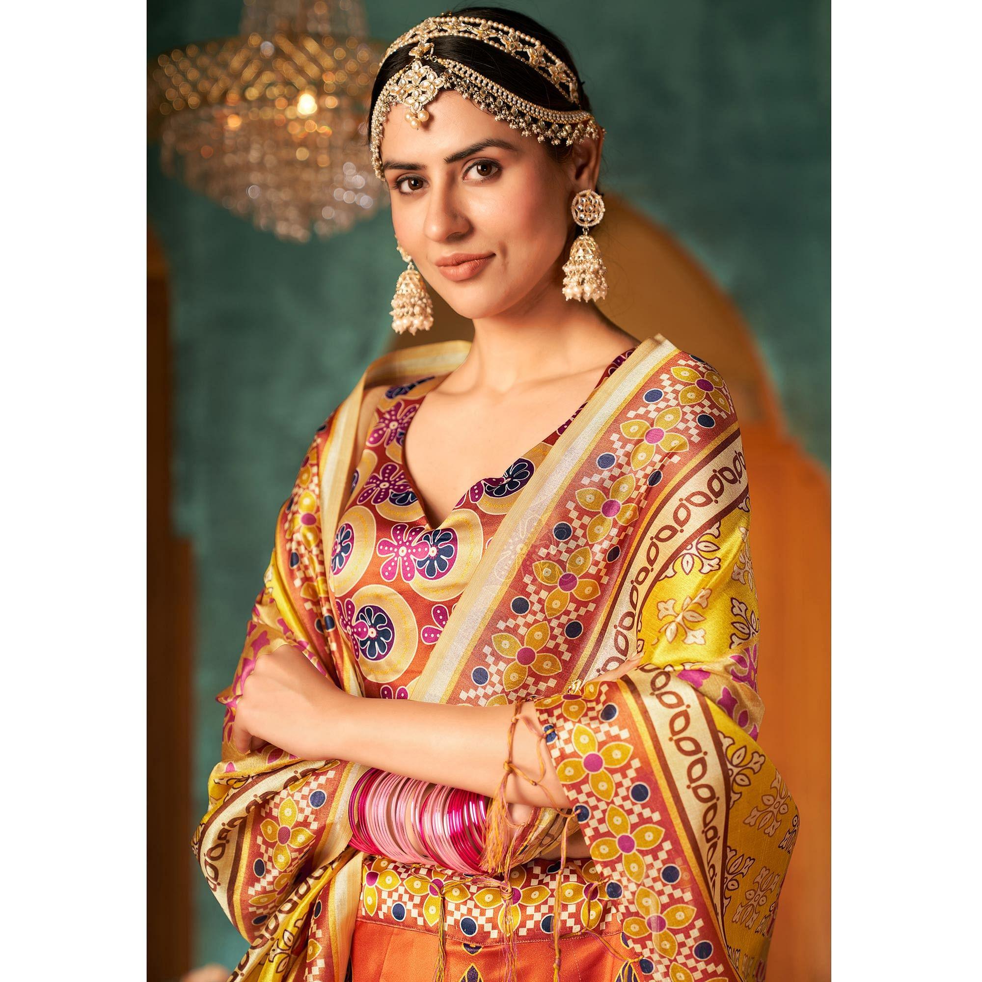 Multi Color Printed Pure Silk Lehenga Choli - Peachmode