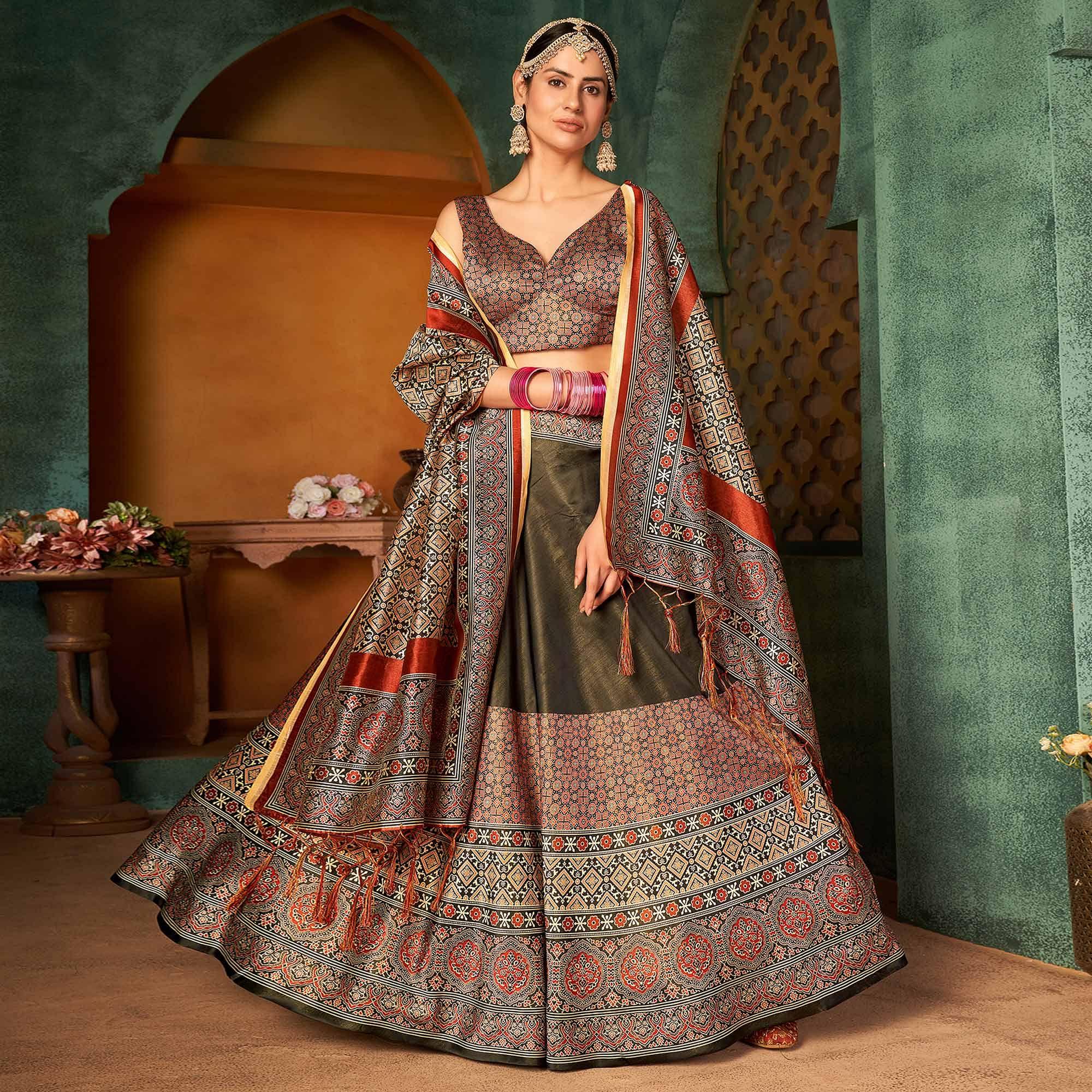 Multi Color Printed Pure Silk Lehenga Choli - Peachmode