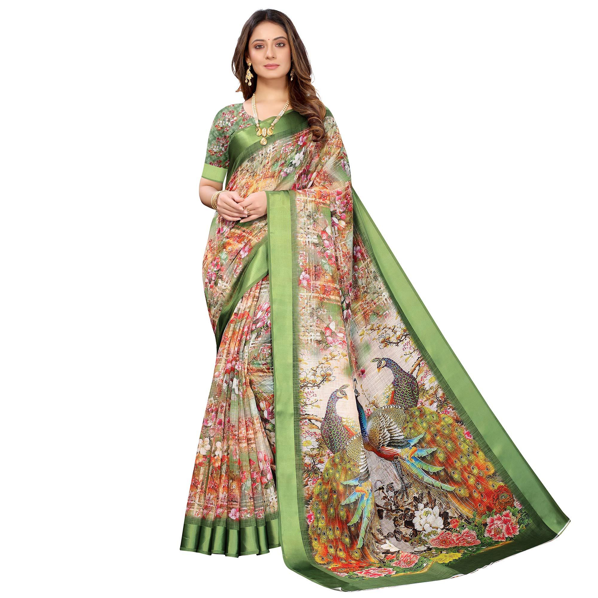 Multi-Green Colored Casual Wear Floral Peacock Digital Printed Linen Slub saree - Peachmode