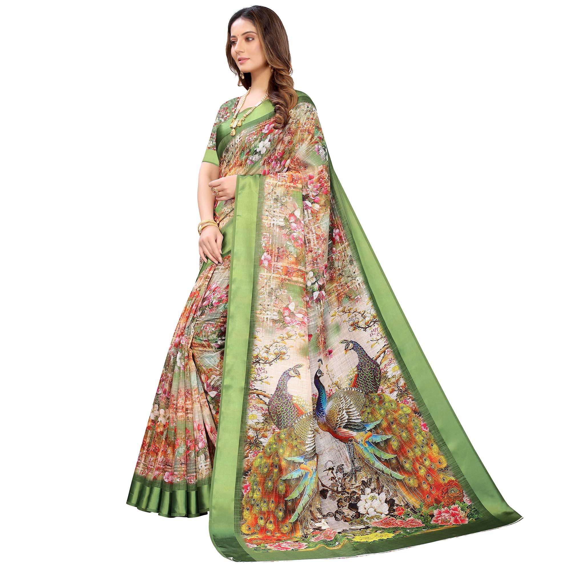 Multi-Green Colored Casual Wear Floral Peacock Digital Printed Linen Slub saree - Peachmode