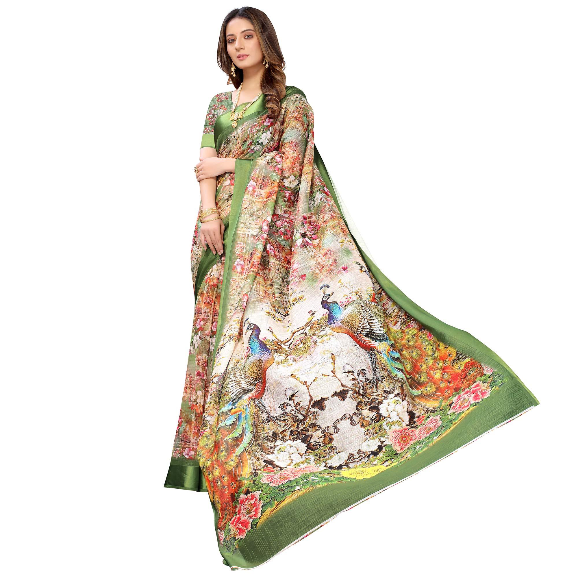 Multi-Green Colored Casual Wear Floral Peacock Digital Printed Linen Slub saree - Peachmode