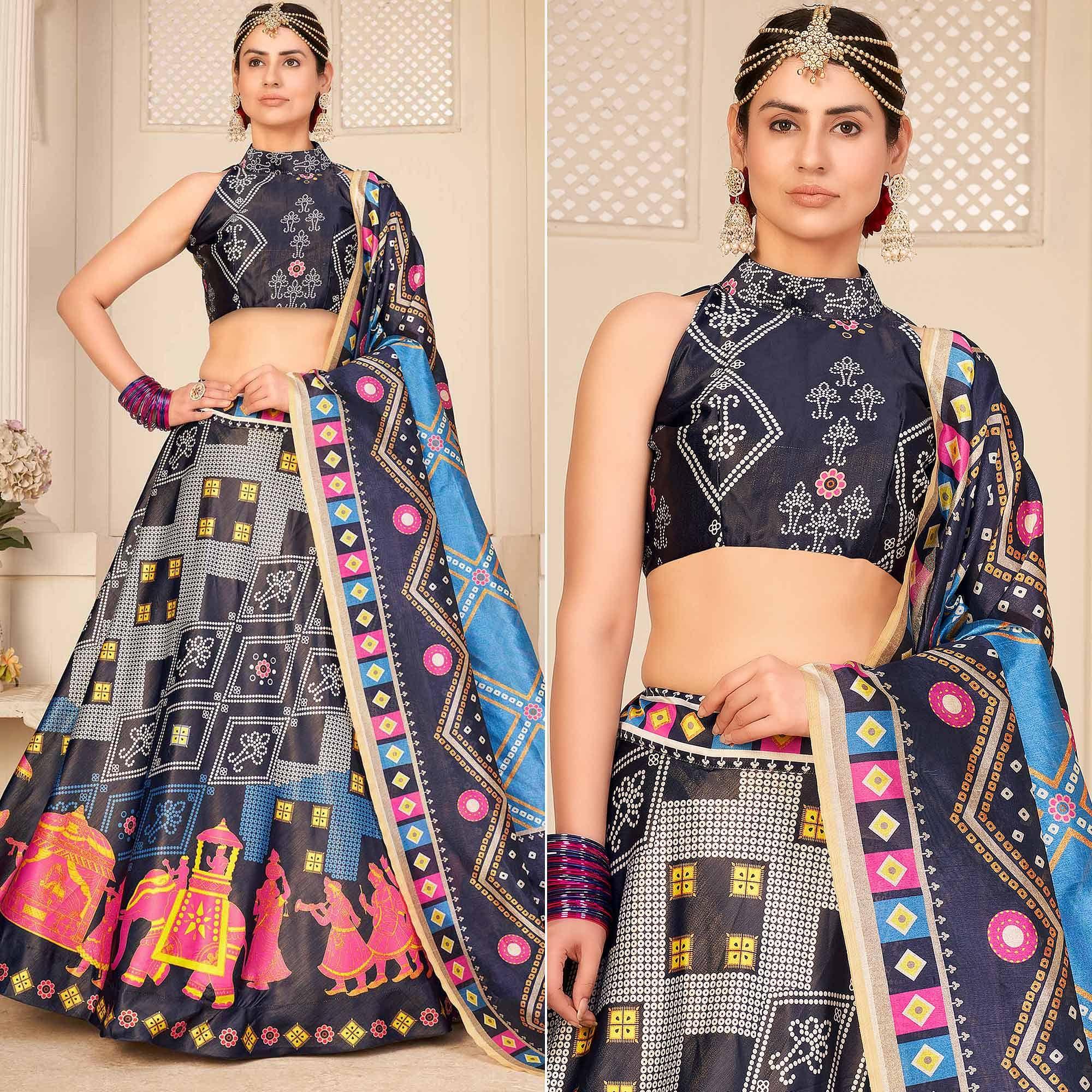 Multi Party Wear Digital Printed Silk Lehenga Choli - Peachmode