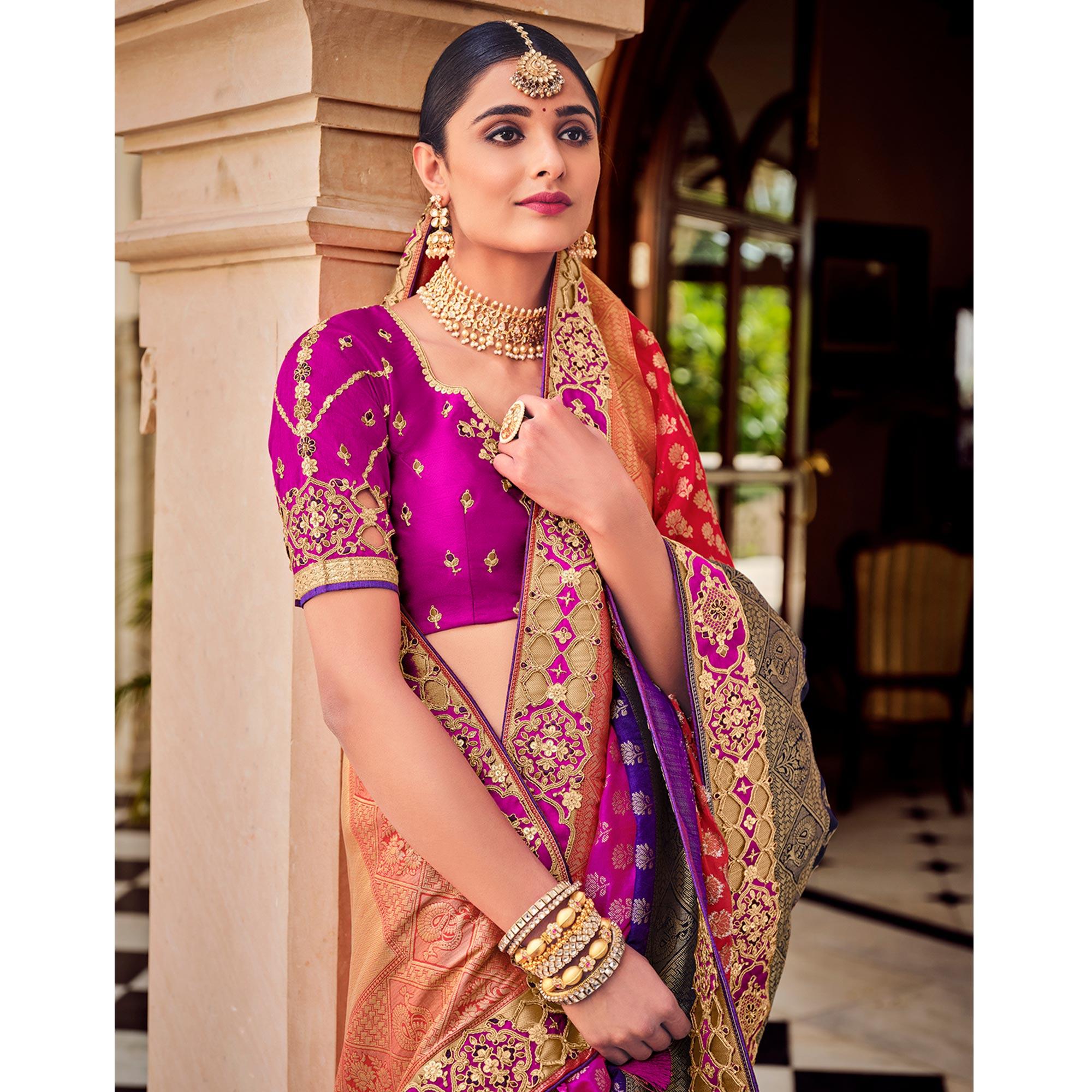 Multi Party Wear Woven-Embroidered Silk Saree - Peachmode