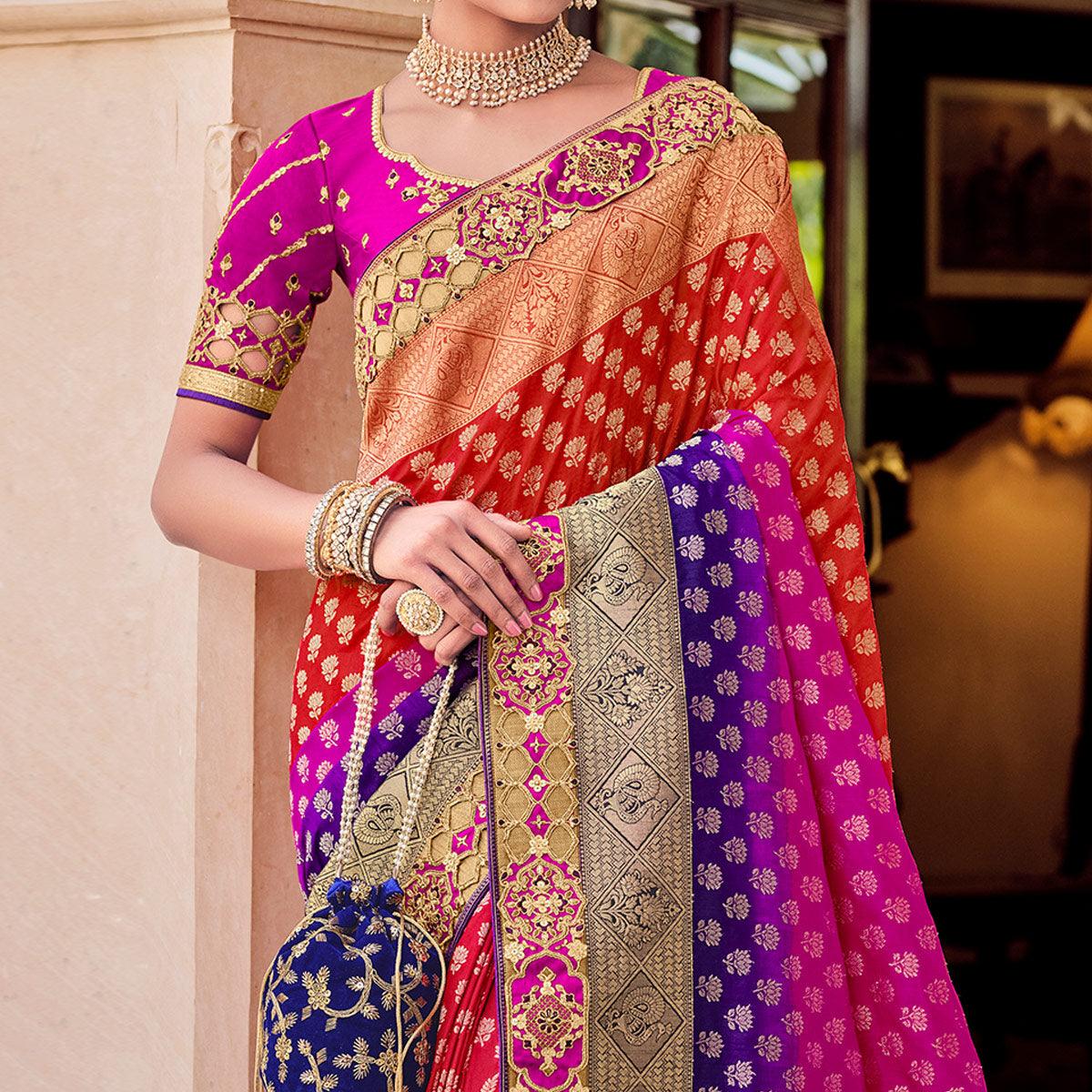 Multi Party Wear Woven-Embroidered Silk Saree - Peachmode