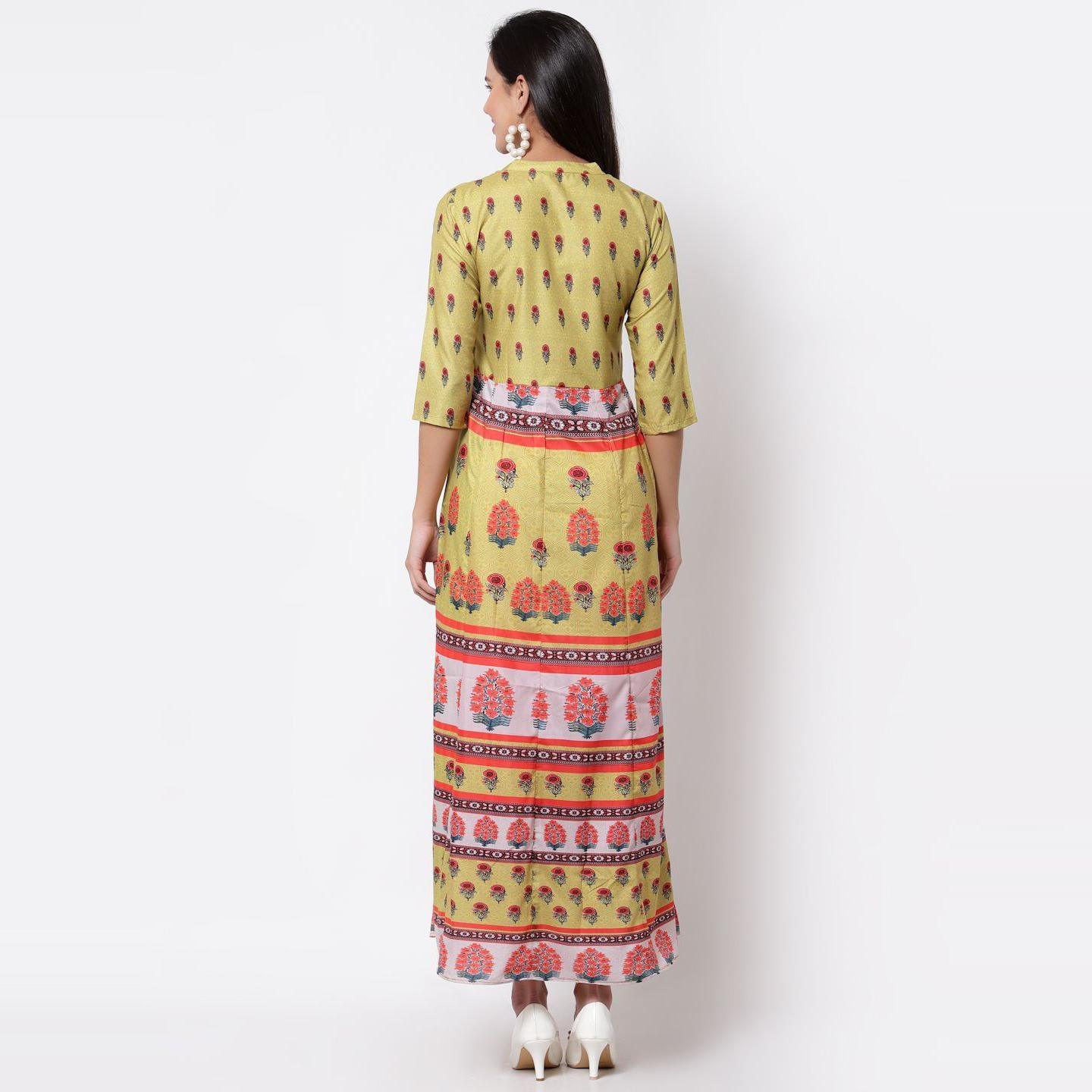 Multicoilored Cotton Printed 3/4 Sleeve Mandarin Neck Casual Dress - Peachmode