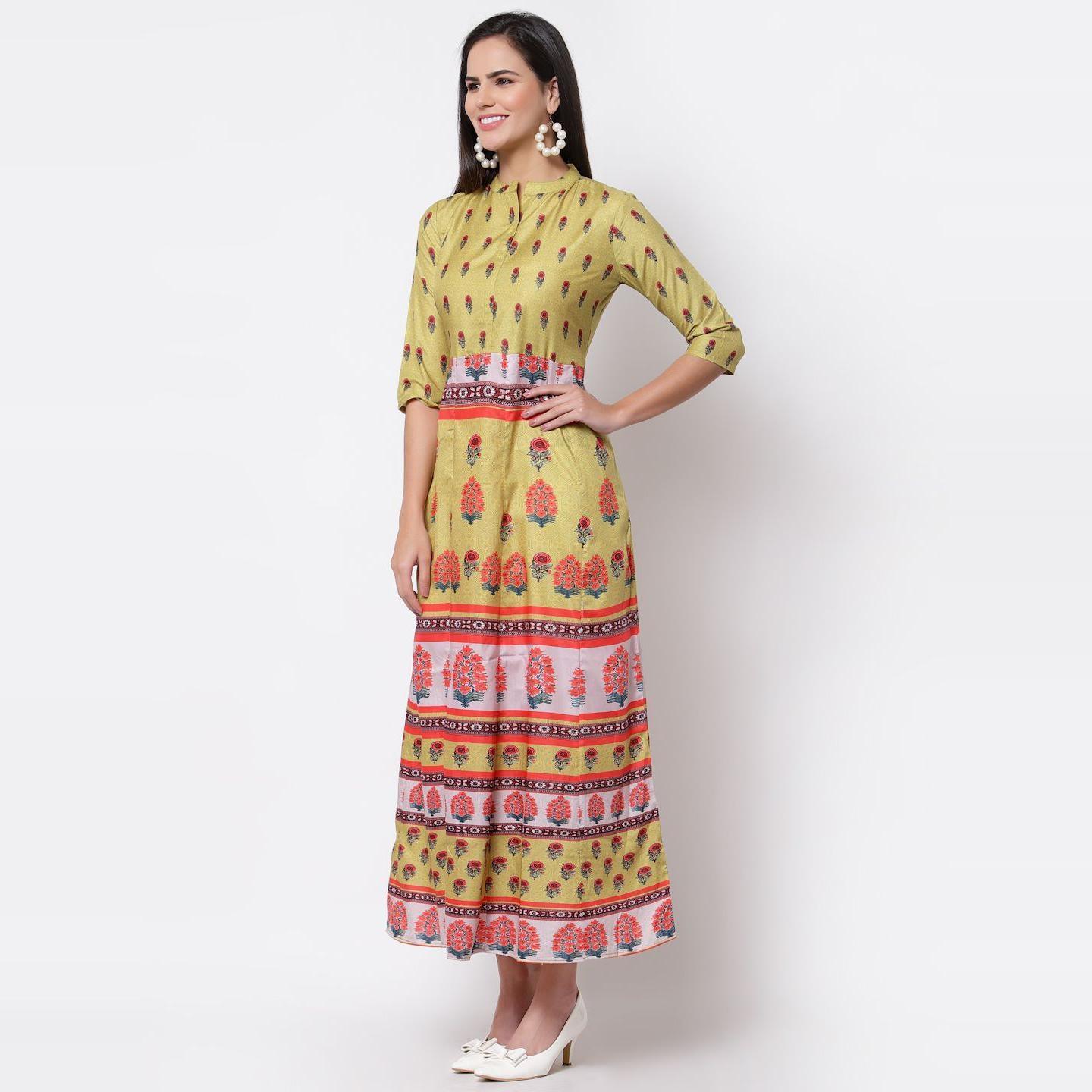 Multicoilored Cotton Printed 3/4 Sleeve Mandarin Neck Casual Dress - Peachmode