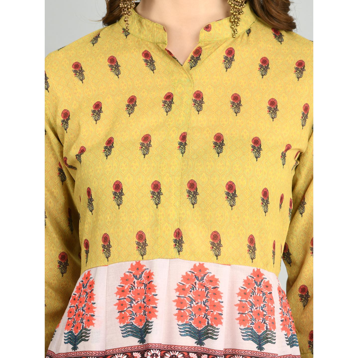 Multicoilored Cotton Printed 3/4 Sleeve Mandarin Neck Casual Dress - Peachmode