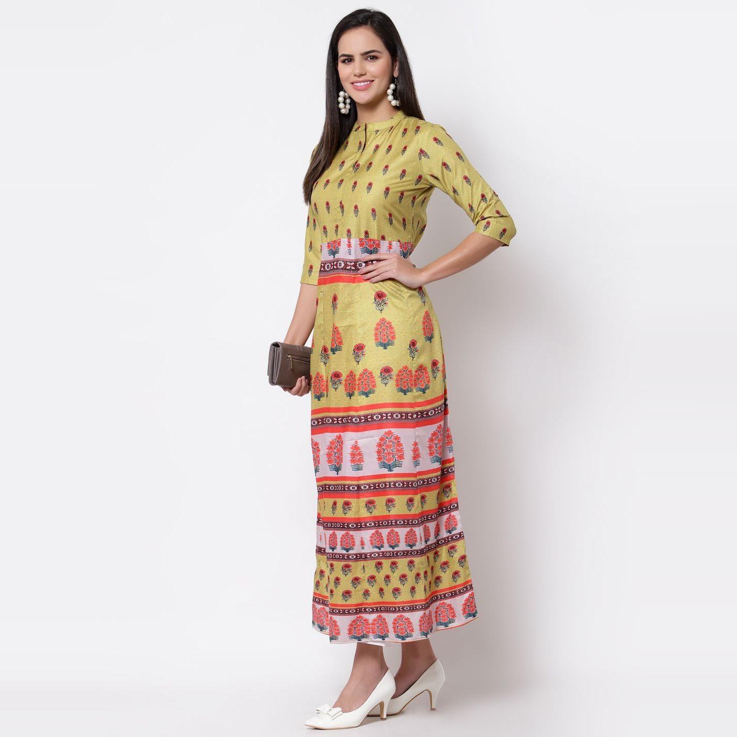 Multicoilored Cotton Printed 3/4 Sleeve Mandarin Neck Casual Dress - Peachmode