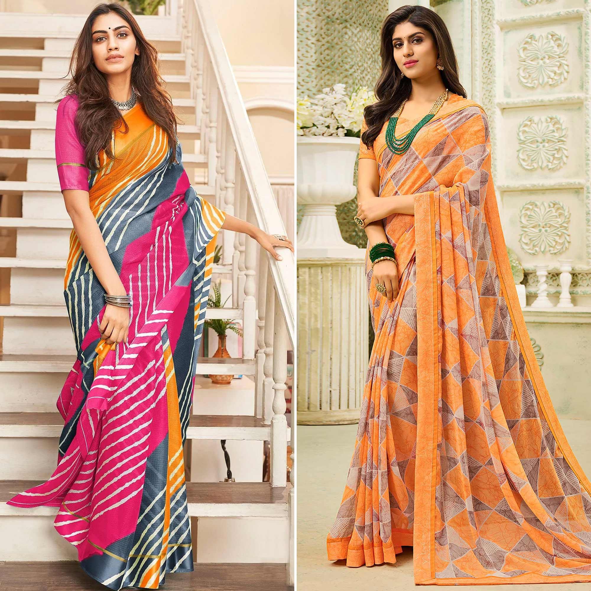 Multicolor And Orange Saree - Pack Of 2 - Peachmode