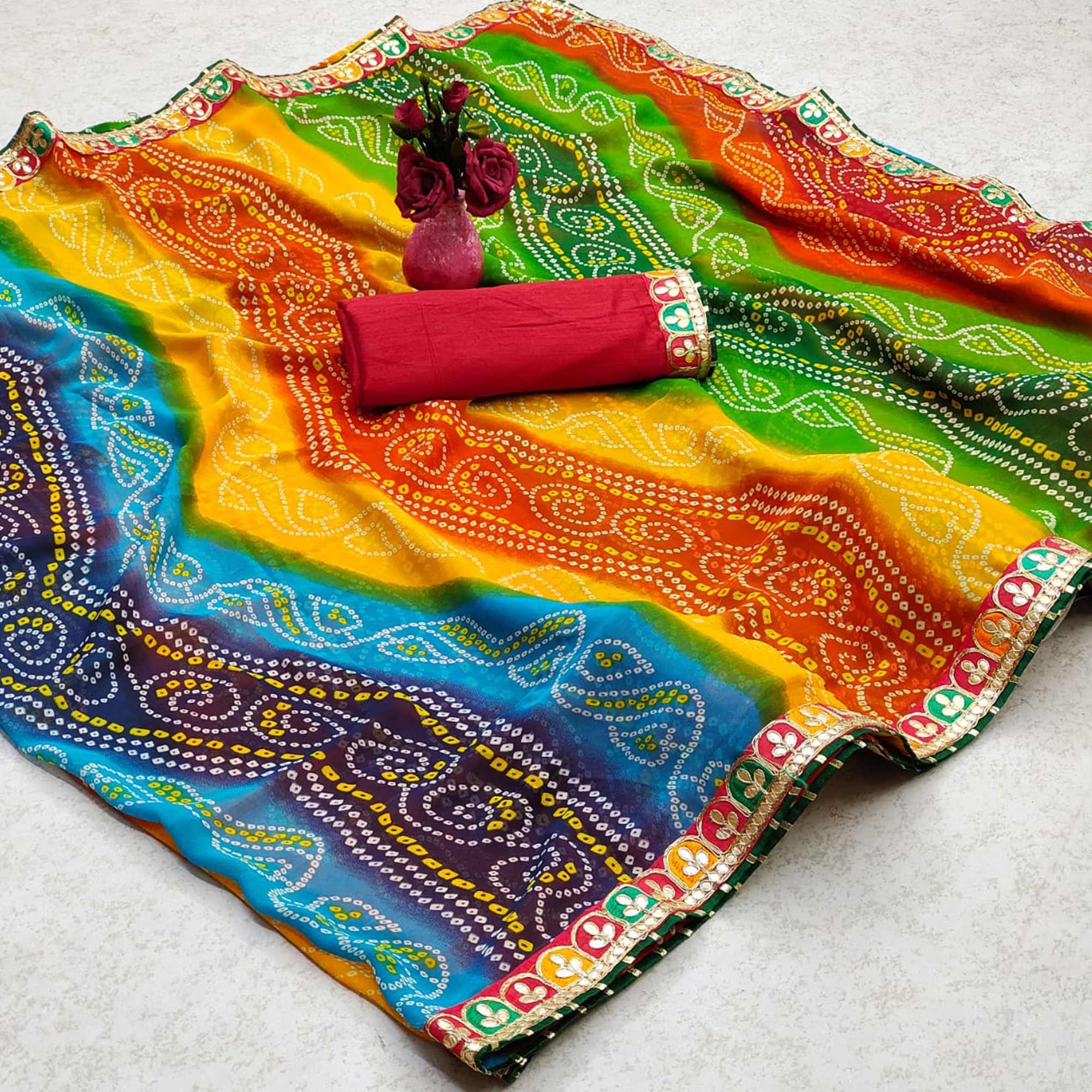 Multicolor Bandhani Printed Georgette Saree - Peachmode