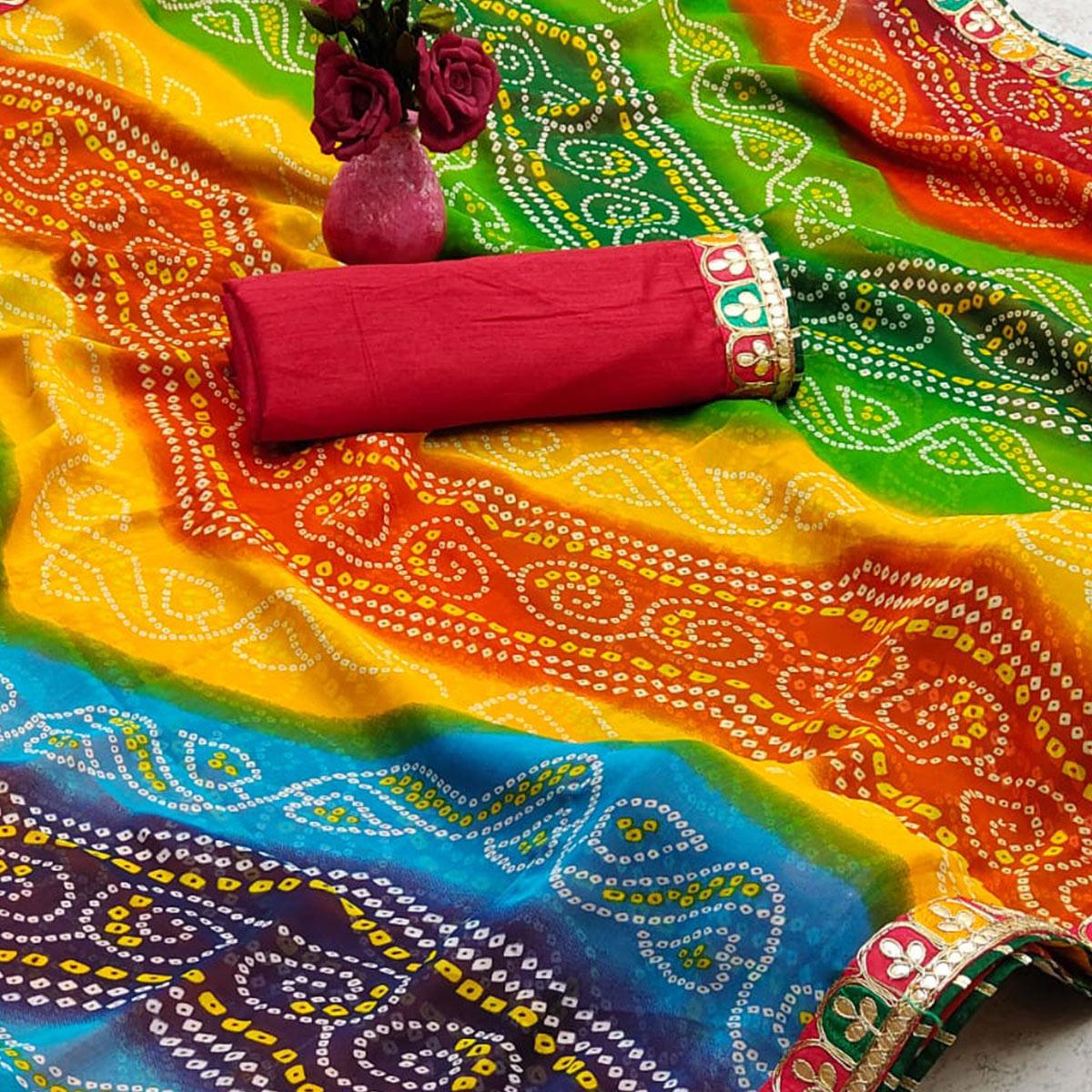 Multicolor Bandhani Printed Georgette Saree - Peachmode