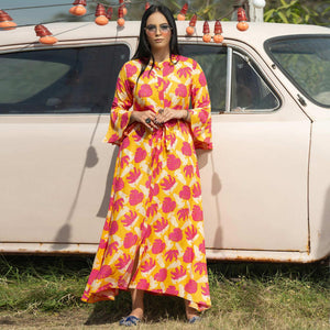 Multicolor Casual Ankle Length Printed Rayon Gown With Belt - Peachmode