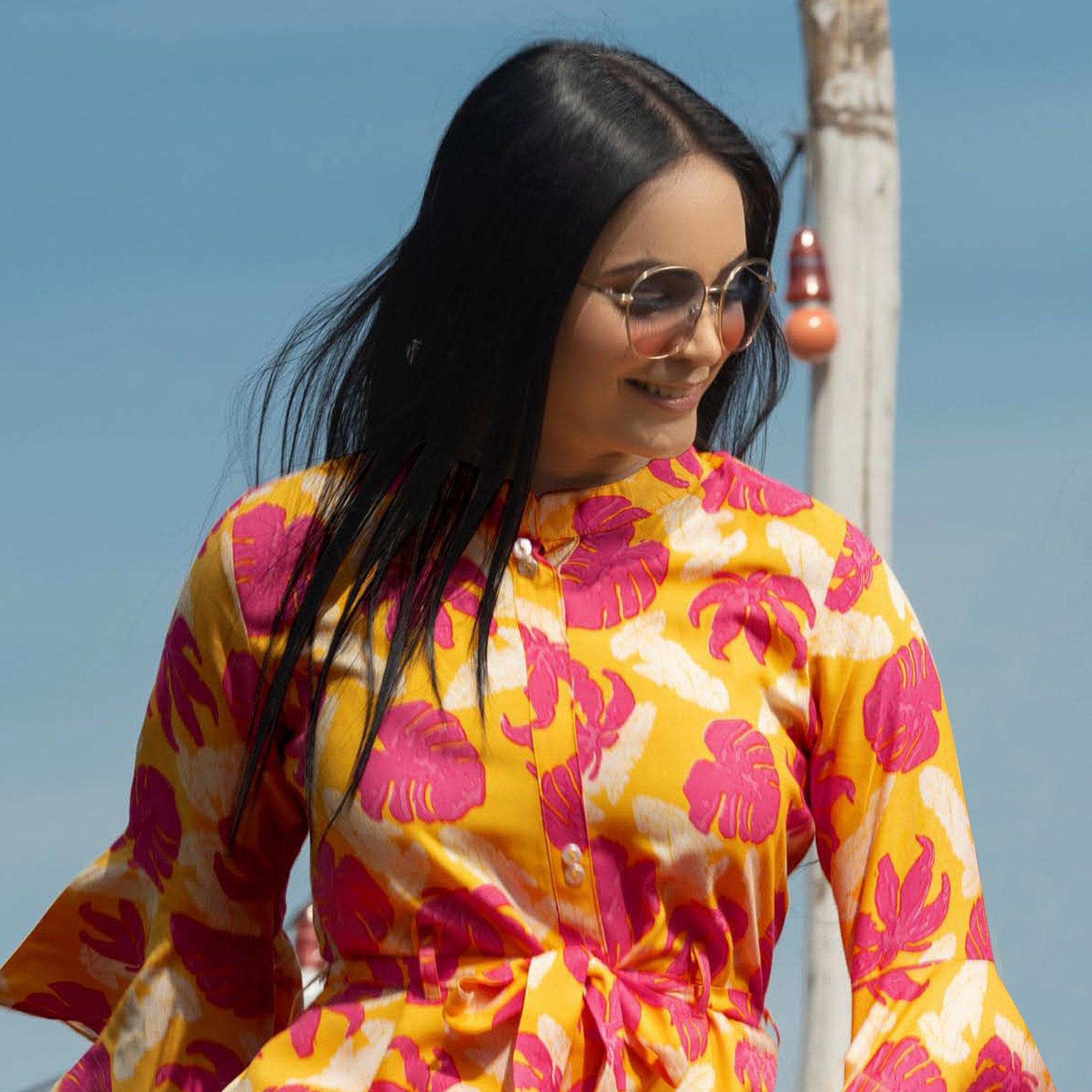 Multicolor Casual Ankle Length Printed Rayon Gown With Belt - Peachmode