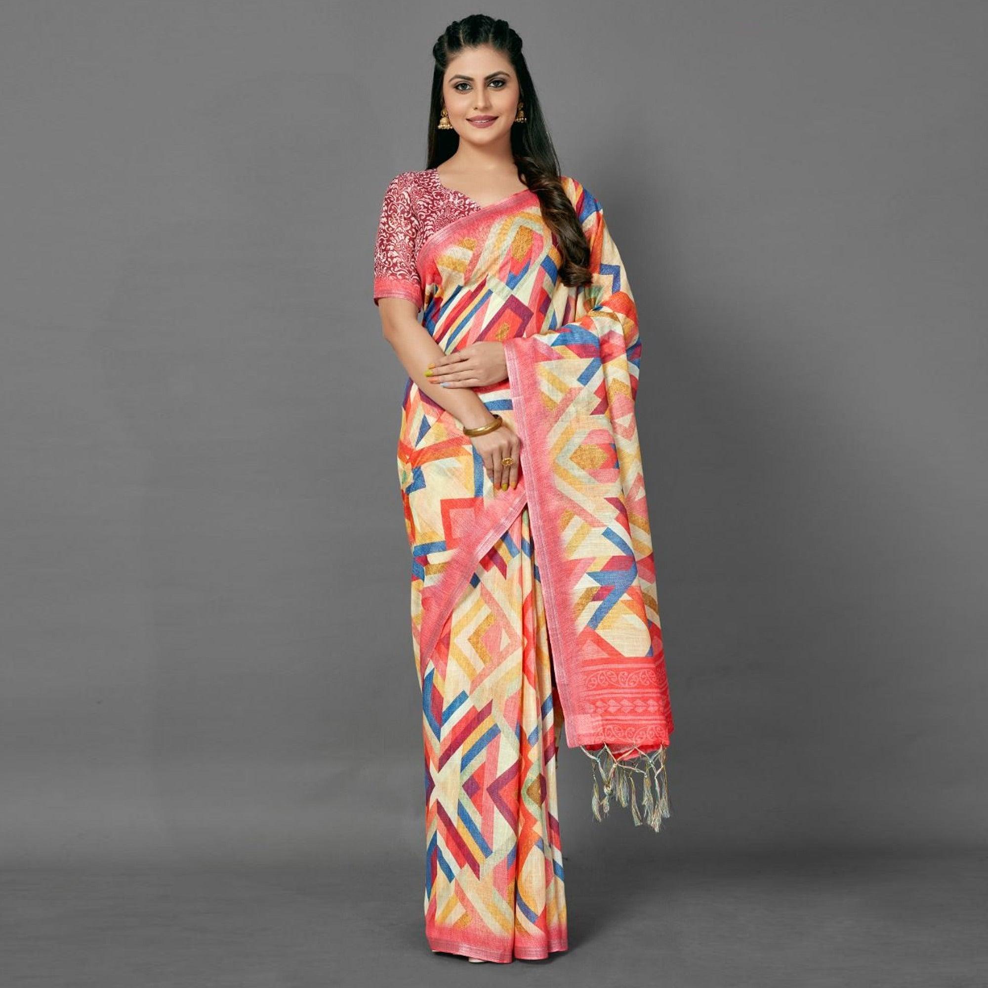 Multicolor Casual Pure Linen Digital Print Saree With Unstitched Blouse - Peachmode