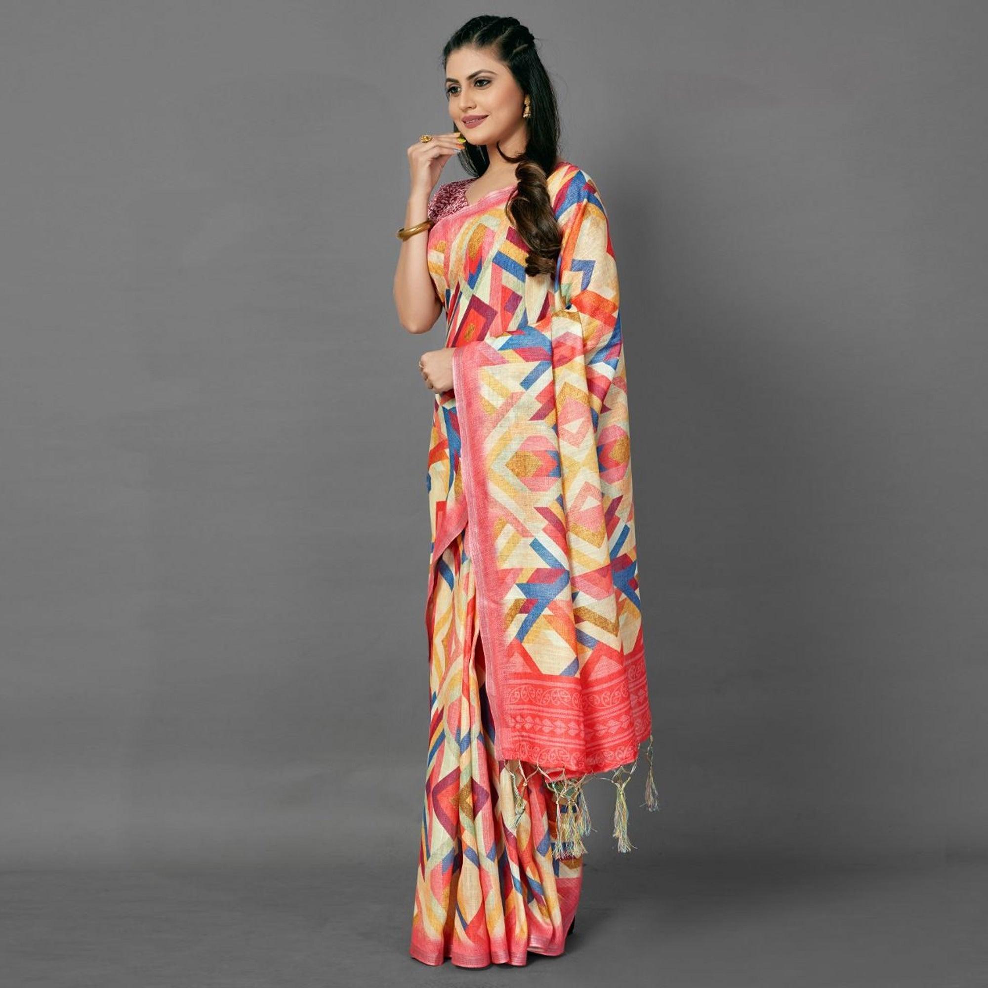 Multicolor Casual Pure Linen Digital Print Saree With Unstitched Blouse - Peachmode