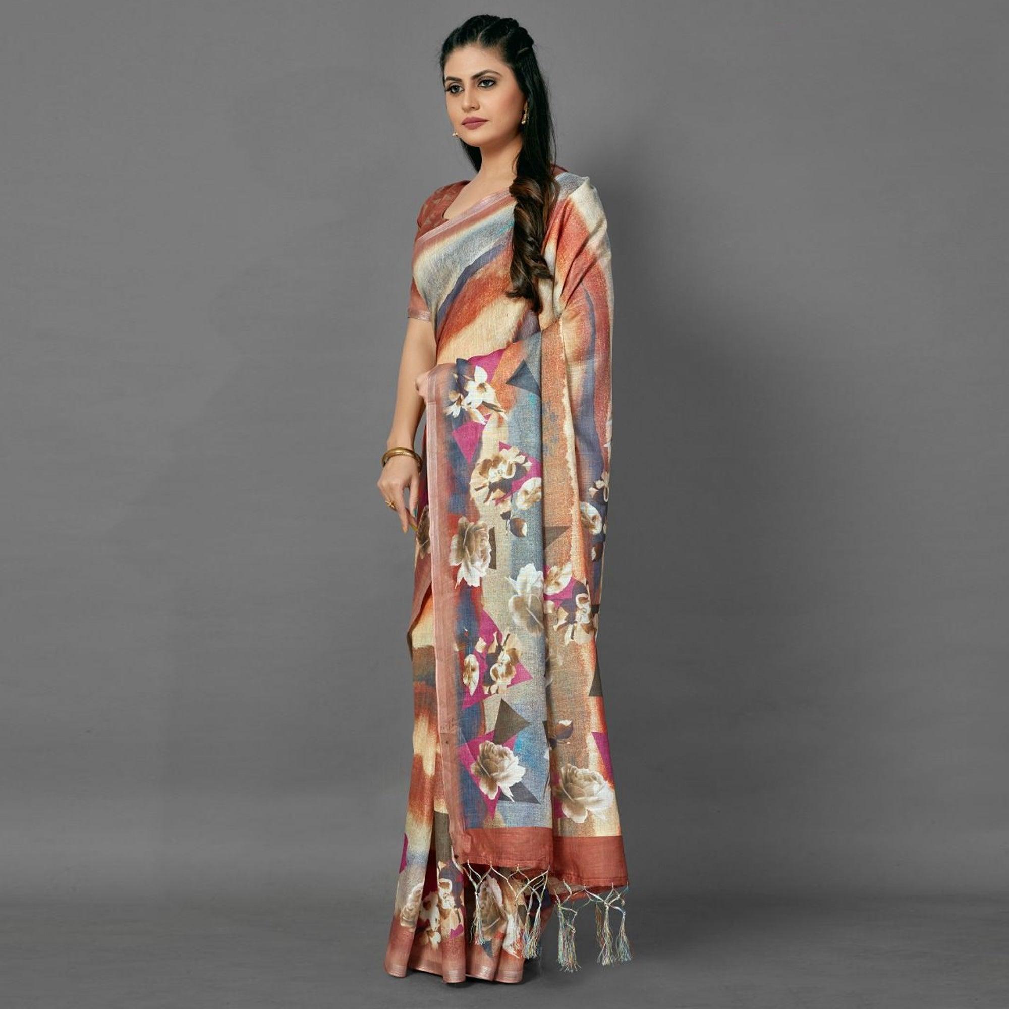 Multicolor Casual Pure Linen Digital Print Saree With Unstitched Blouse - Peachmode