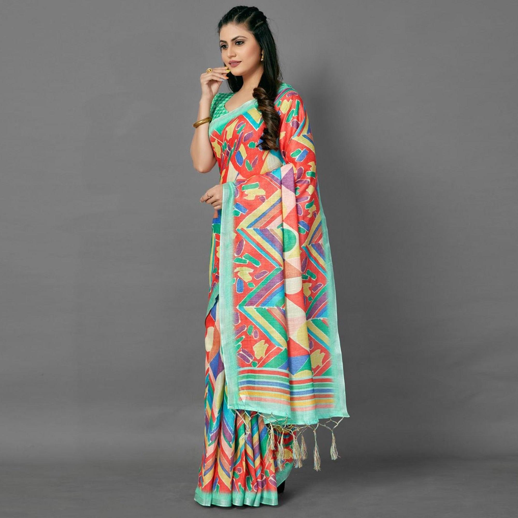 Multicolor Casual Pure Linen Digital Print Saree With Unstitched Blouse - Peachmode