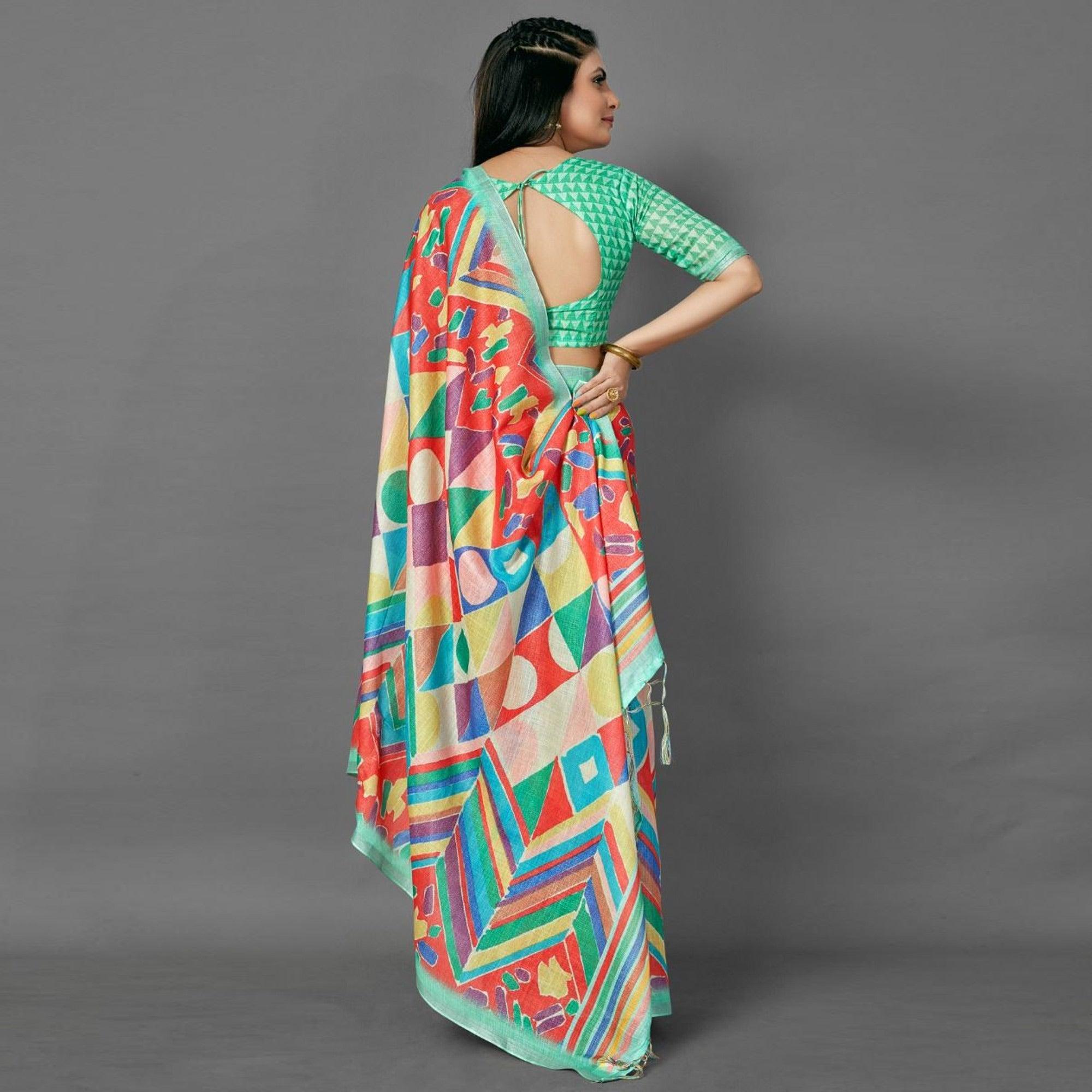 Multicolor Casual Pure Linen Digital Print Saree With Unstitched Blouse - Peachmode