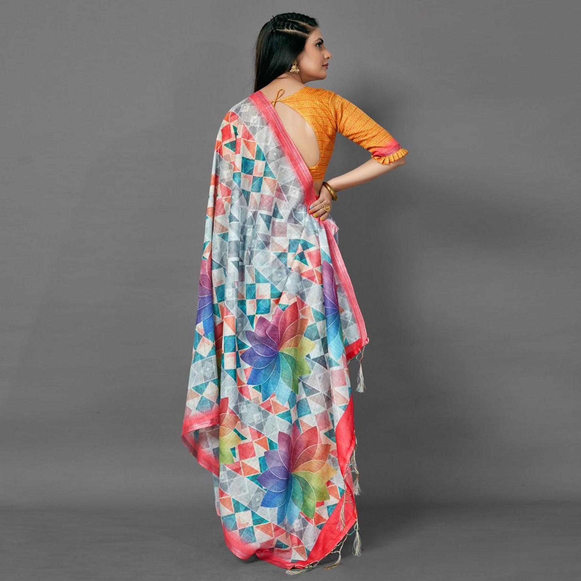 Multicolor Casual Pure Linen Digital Print Saree With Unstitched Blouse - Peachmode