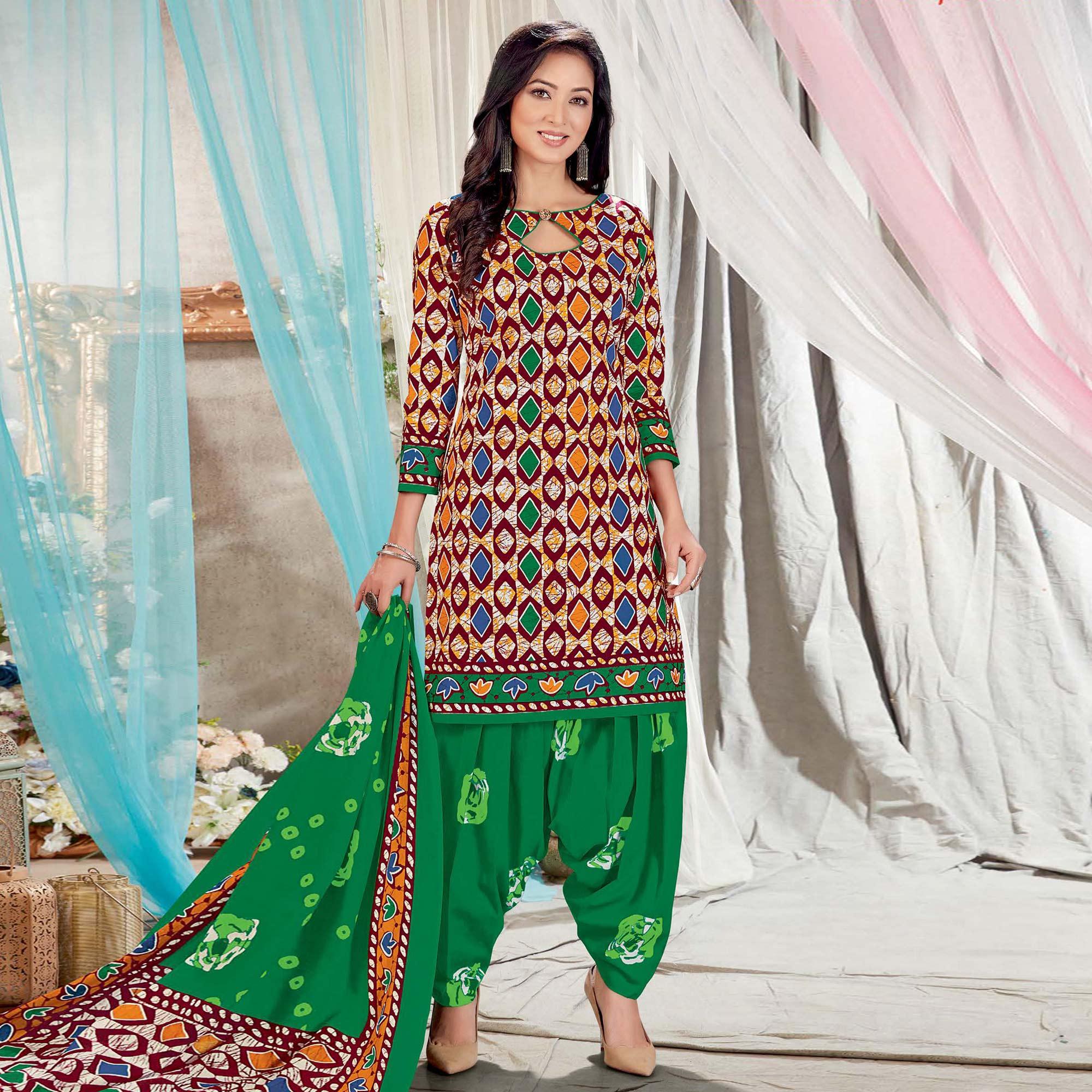 Multicolor Casual Wear Batik Printed Cotton Patiala Dress Material - Peachmode