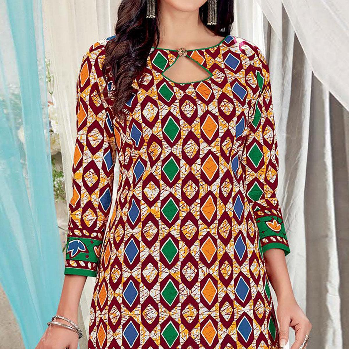 Multicolor Casual Wear Batik Printed Cotton Patiala Dress Material - Peachmode