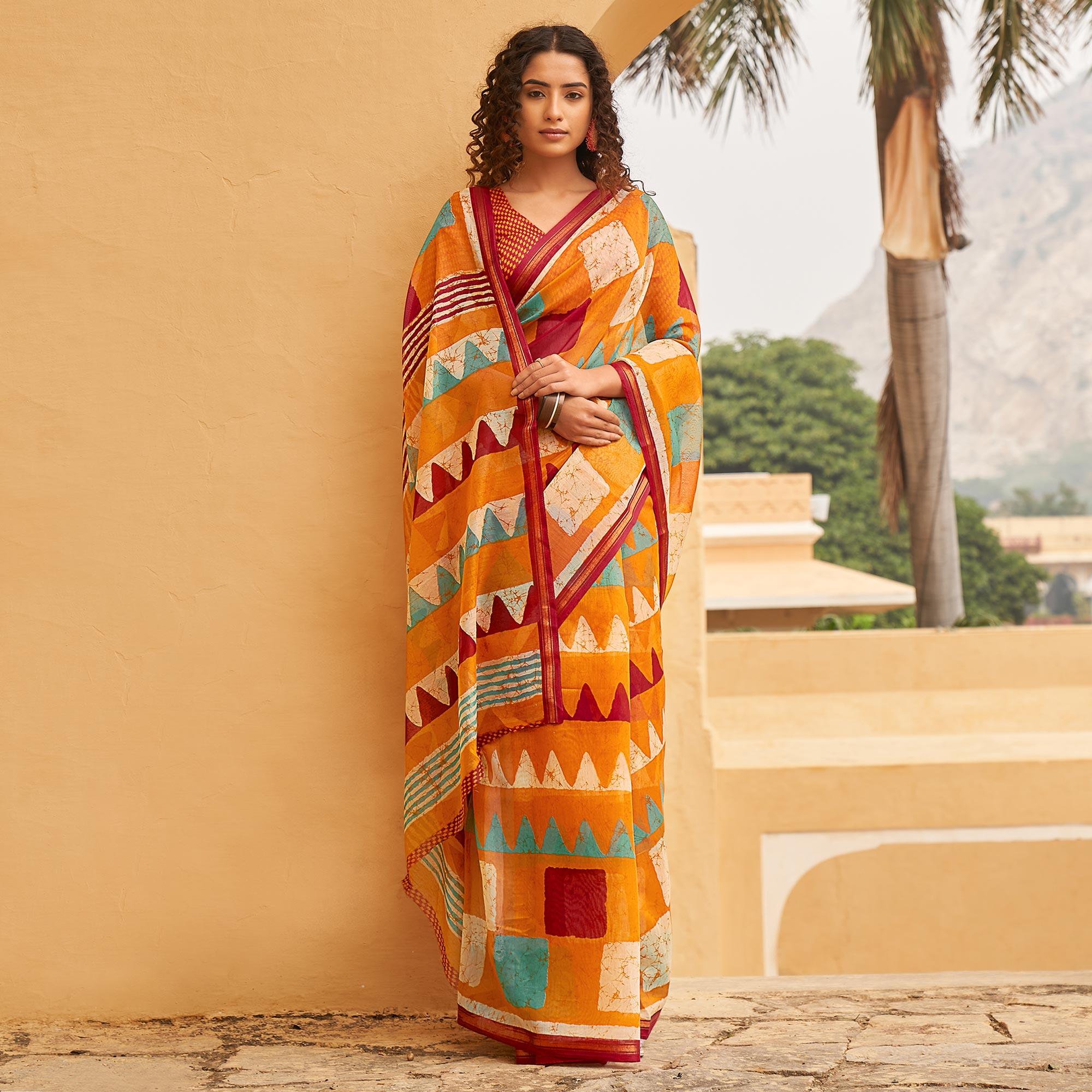 Multicolor Casual Wear Fancy Printed Linen Saree - Peachmode