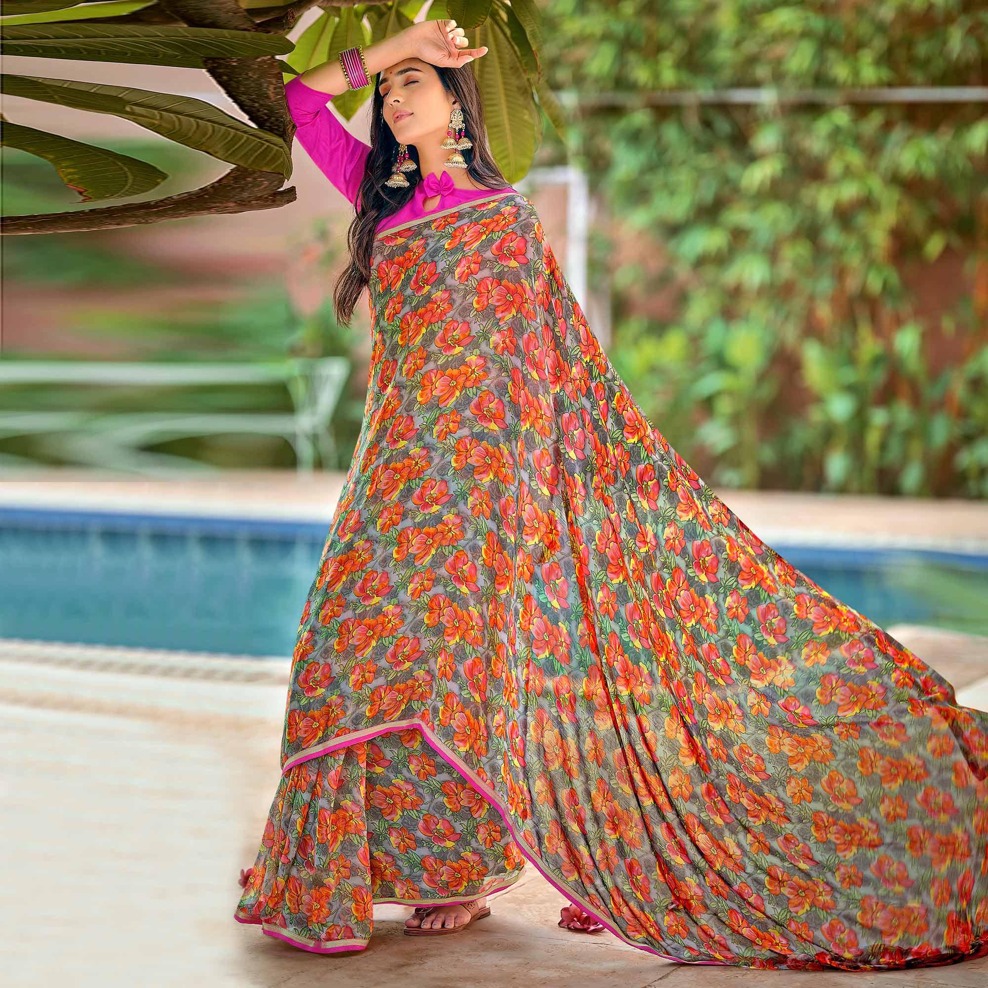 Multicolor Casual Wear Floral Printed Chiffon Saree - Peachmode