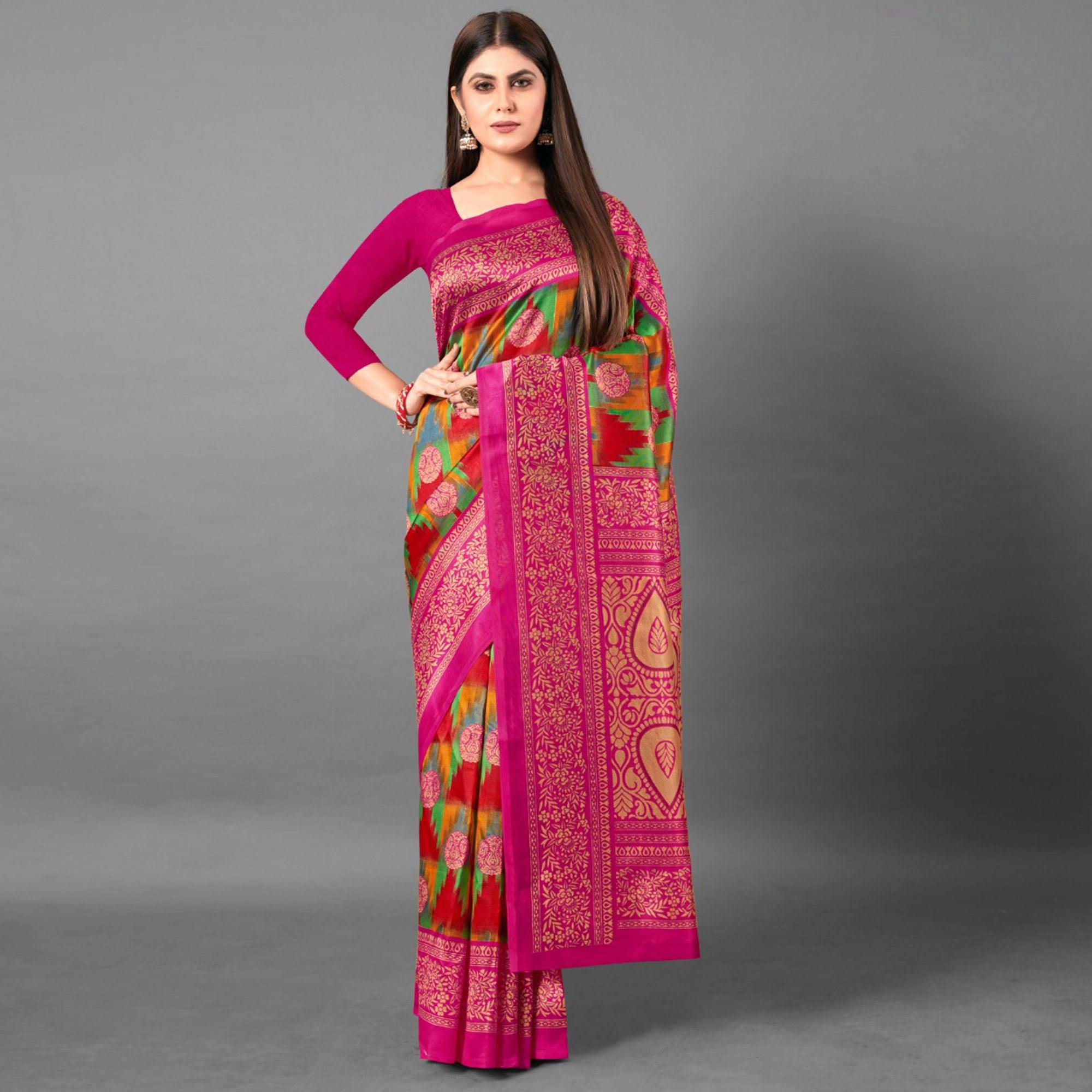 Multicolor Casual Wear Geometric Art Silk Saree - Peachmode