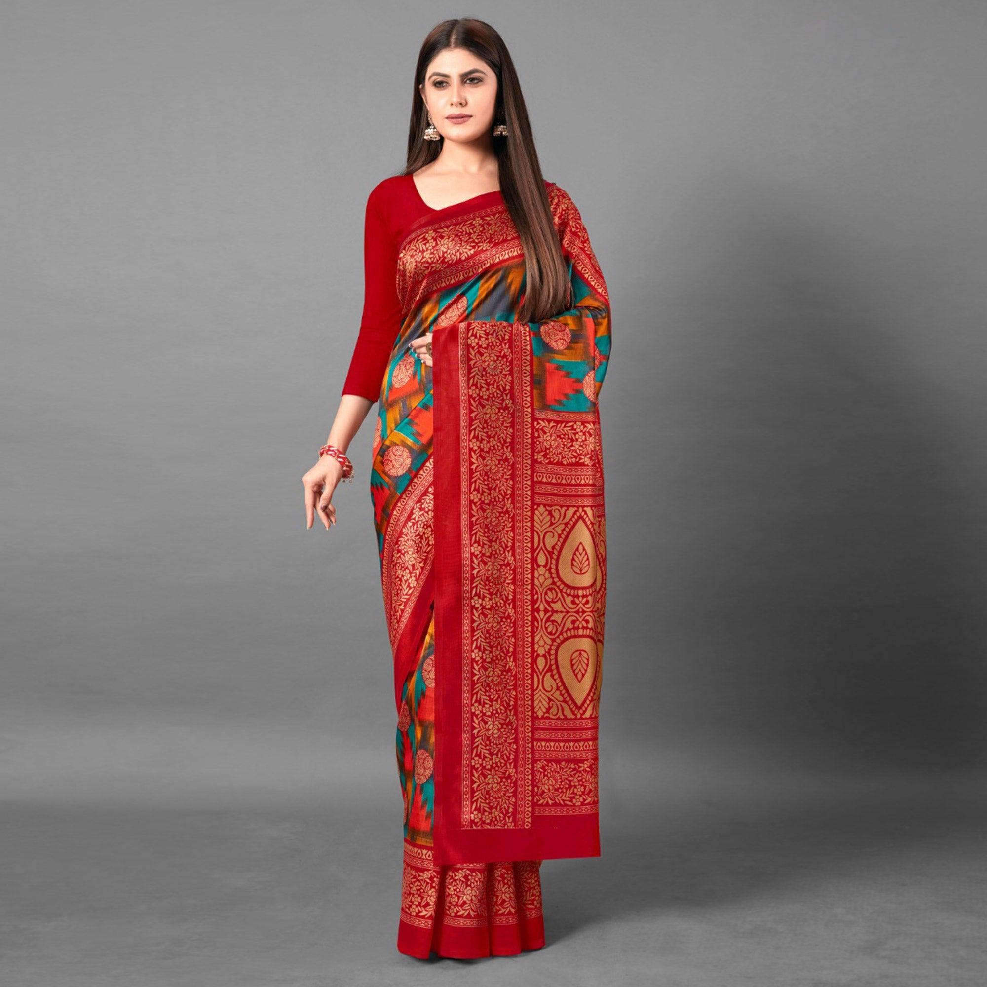 Multicolor Casual Wear Geometric Art Silk Saree - Peachmode