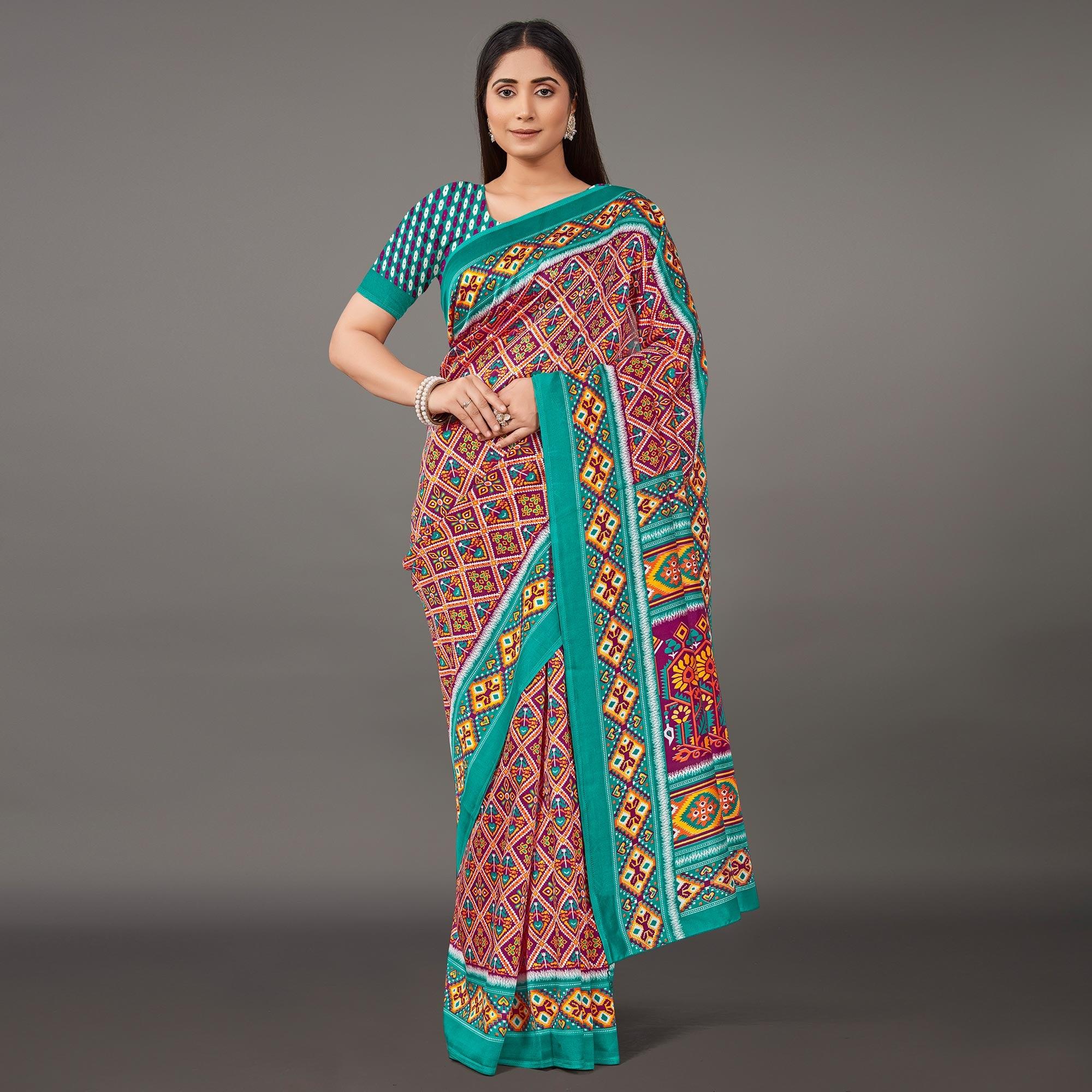 Multicolor Casual Wear Geometric Printed Art Silk Saree - Peachmode