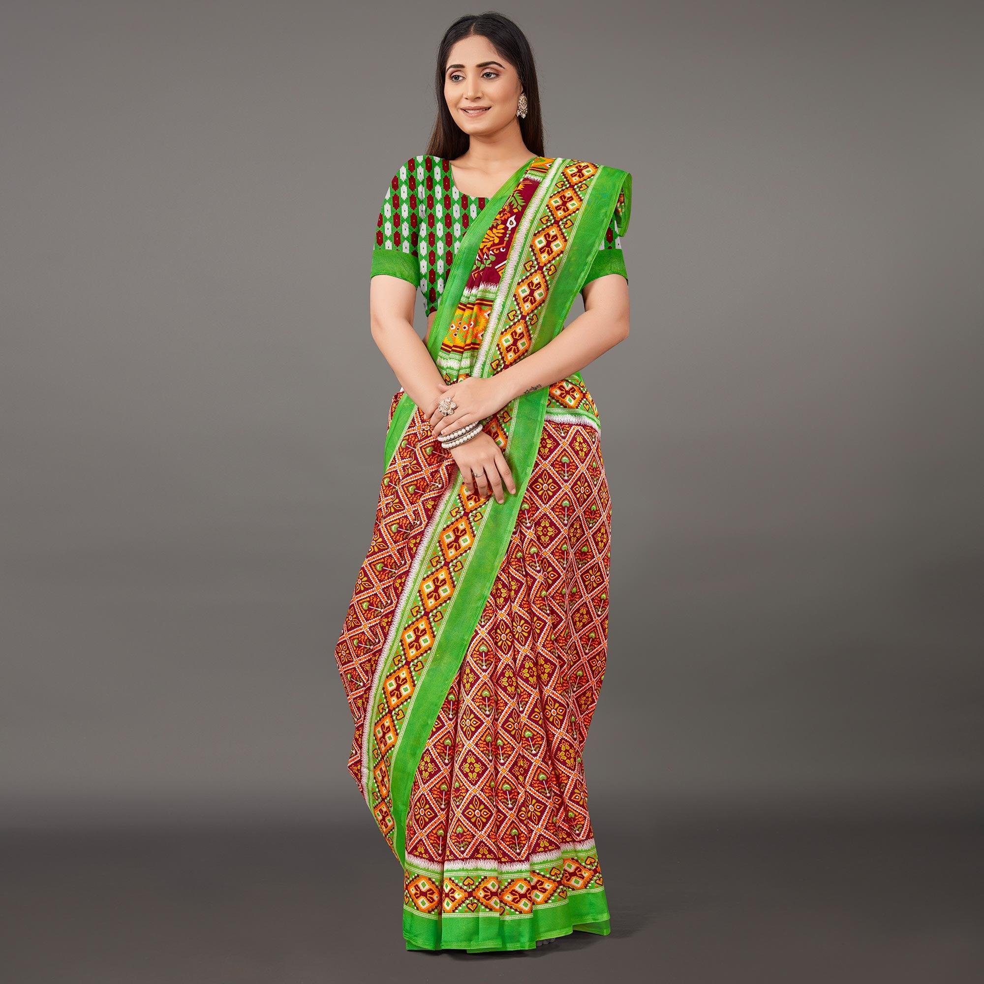 Multicolor Casual Wear Geometric Printed Art Silk Saree - Peachmode