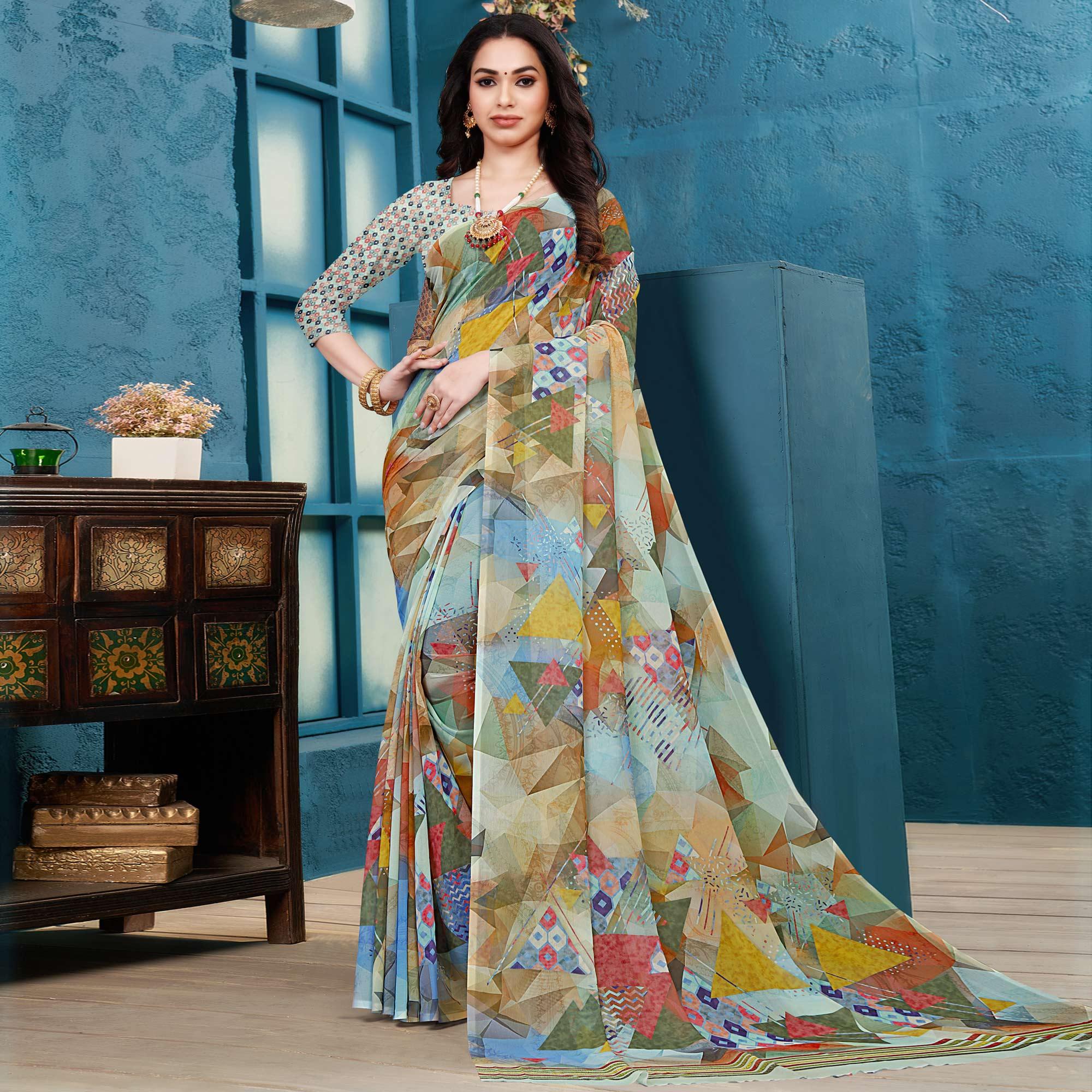 Multicolor Casual Wear Geometric Printed Georgette Saree - Peachmode
