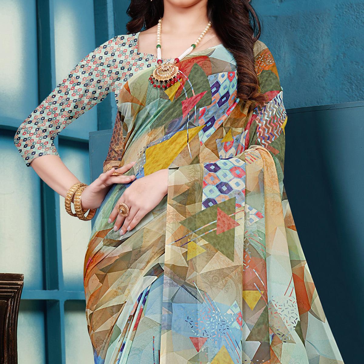 Multicolor Casual Wear Geometric Printed Georgette Saree - Peachmode