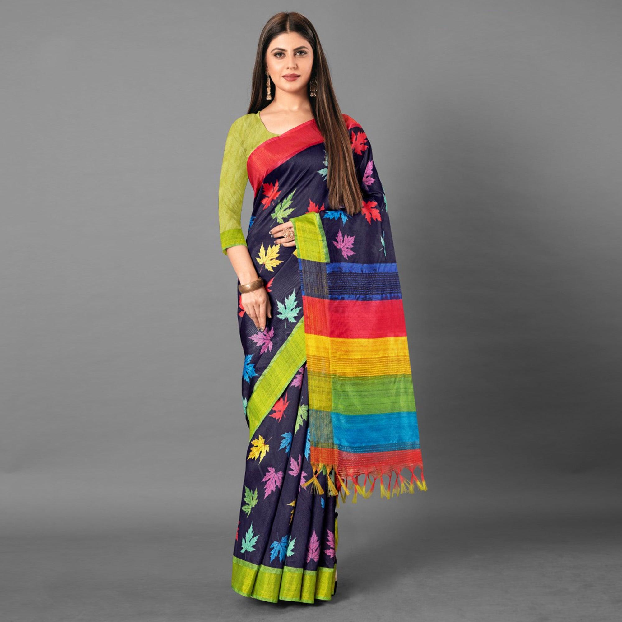 Multicolor Casual Wear Leaf Cotton silk Saree - Peachmode