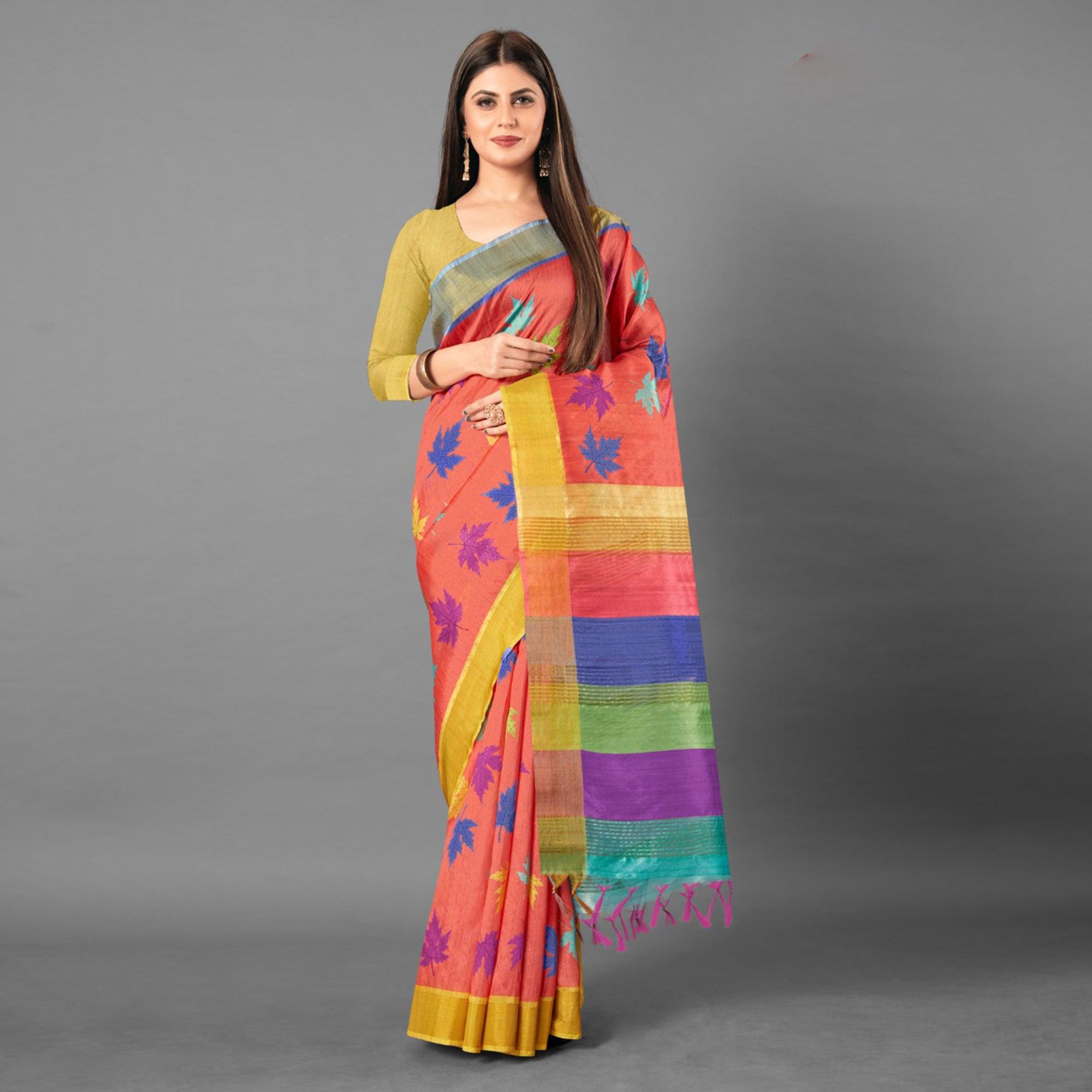Multicolor Casual Wear Leaf Cotton silk Saree - Peachmode
