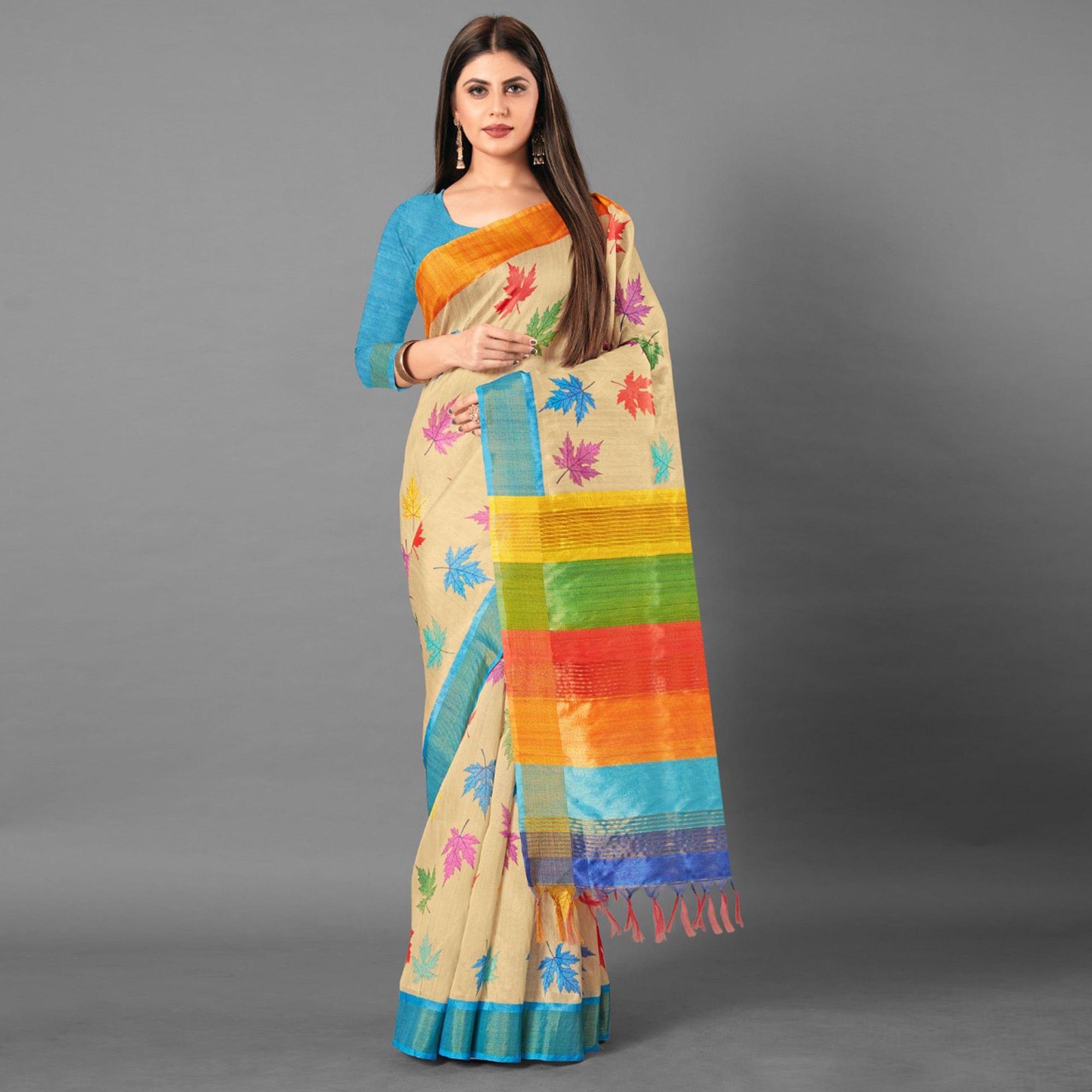 Multicolor Casual Wear Leaf Cotton silk Saree - Peachmode