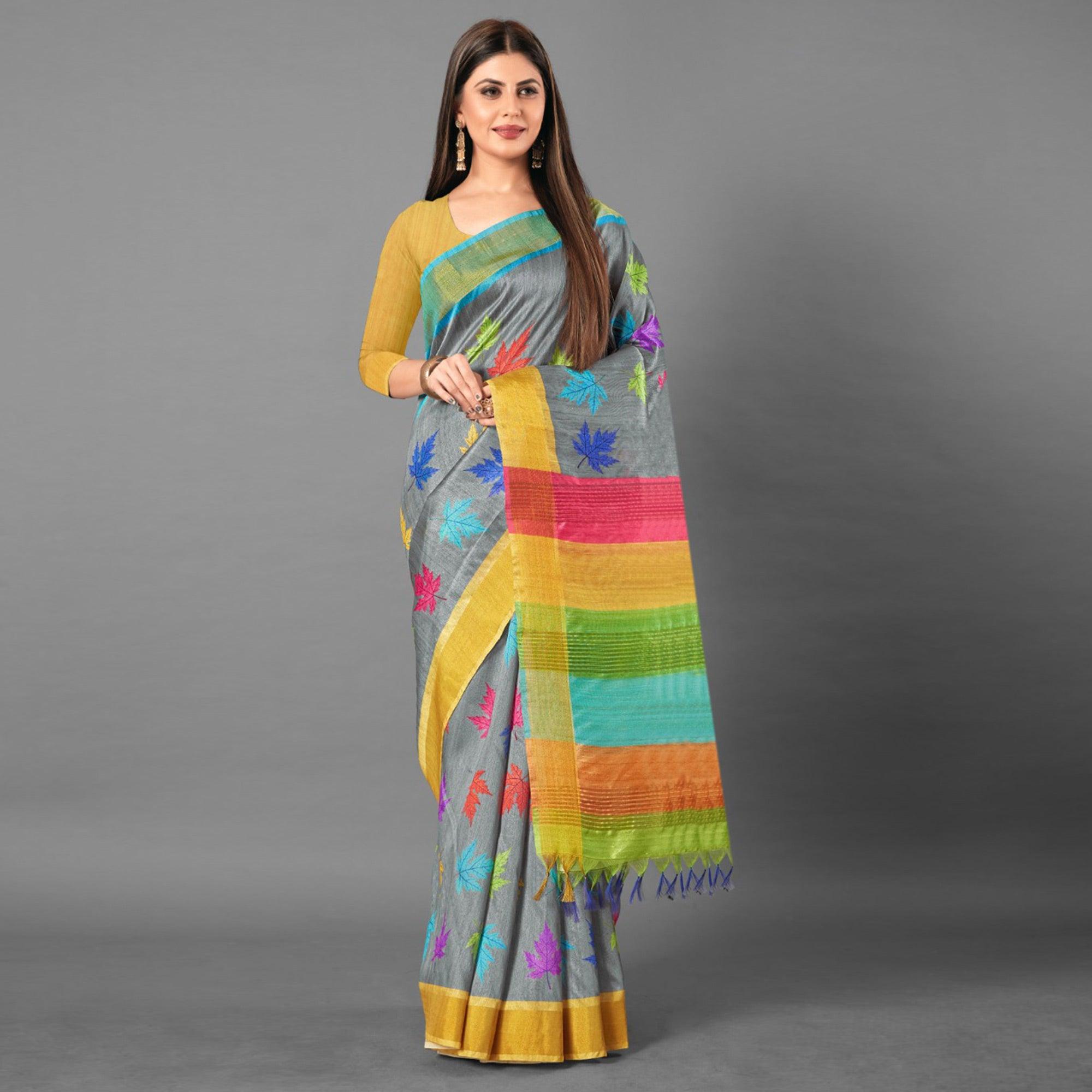 Multicolor Casual Wear Leaf Cotton silk Saree - Peachmode