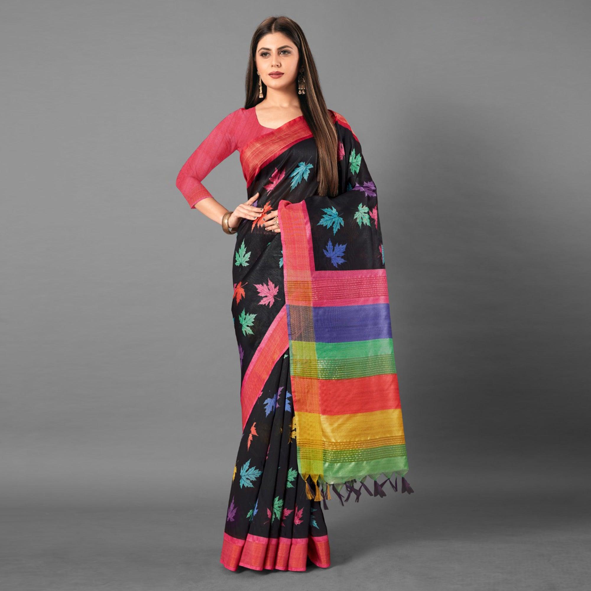 Multicolor Casual Wear Leaf Cotton silk Saree - Peachmode