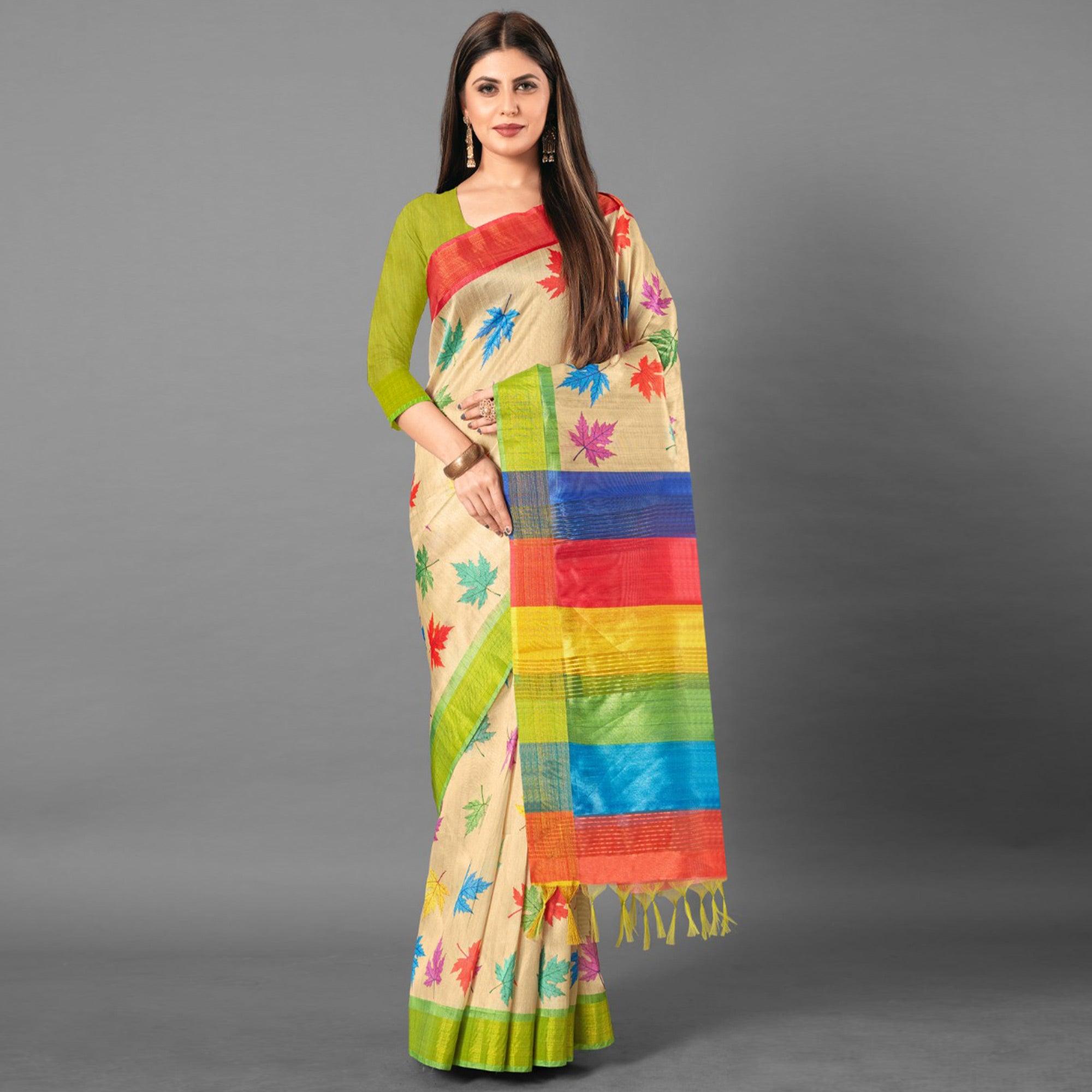 Multicolor Casual Wear Leaf Cotton silk Saree - Peachmode