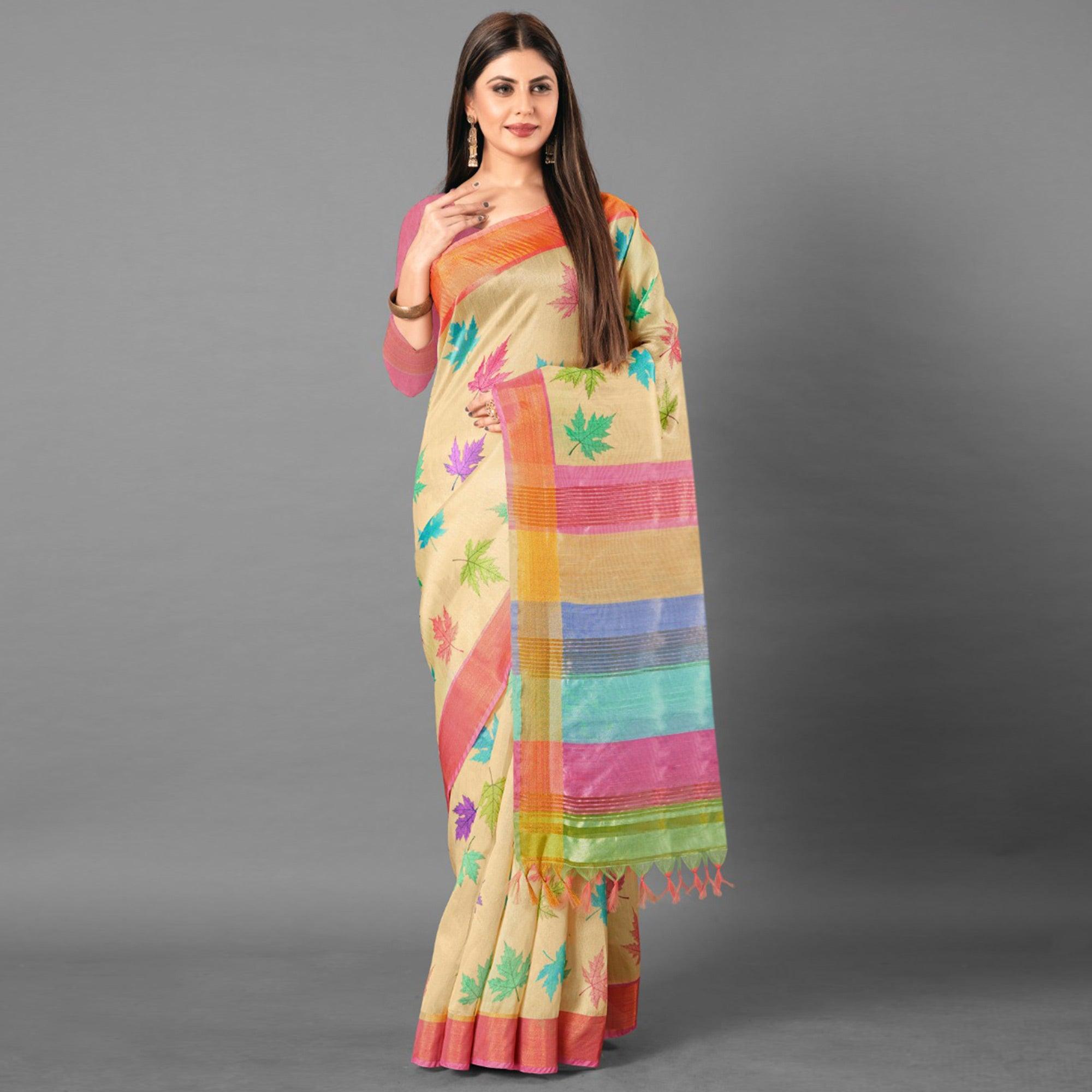 Multicolor Casual Wear Leaf Cotton silk Saree - Peachmode