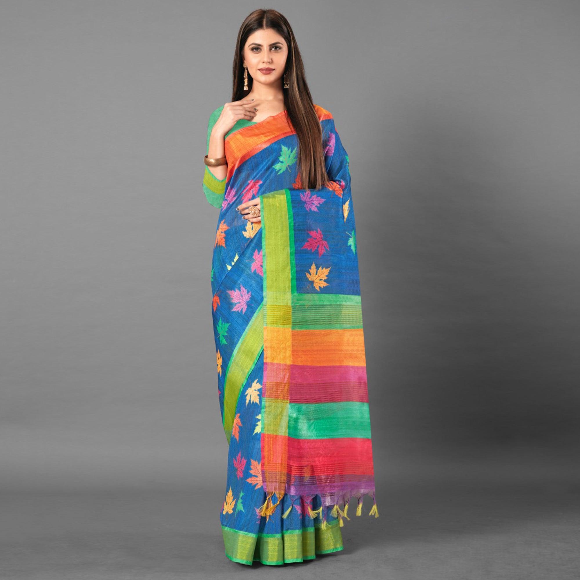 Multicolor Casual Wear Leaf Cotton silk Saree - Peachmode
