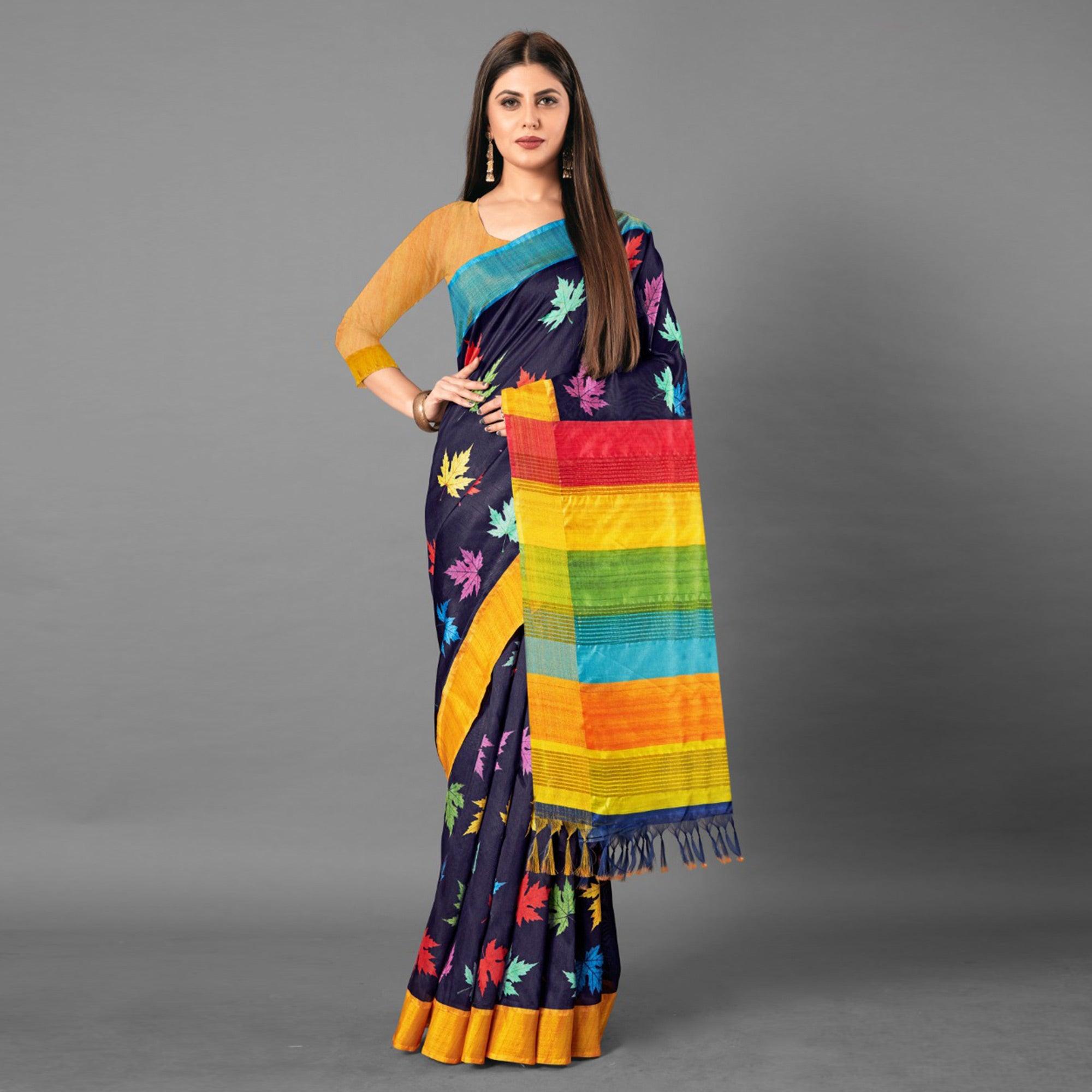 Multicolor Casual Wear Leaf Cotton silk Saree - Peachmode