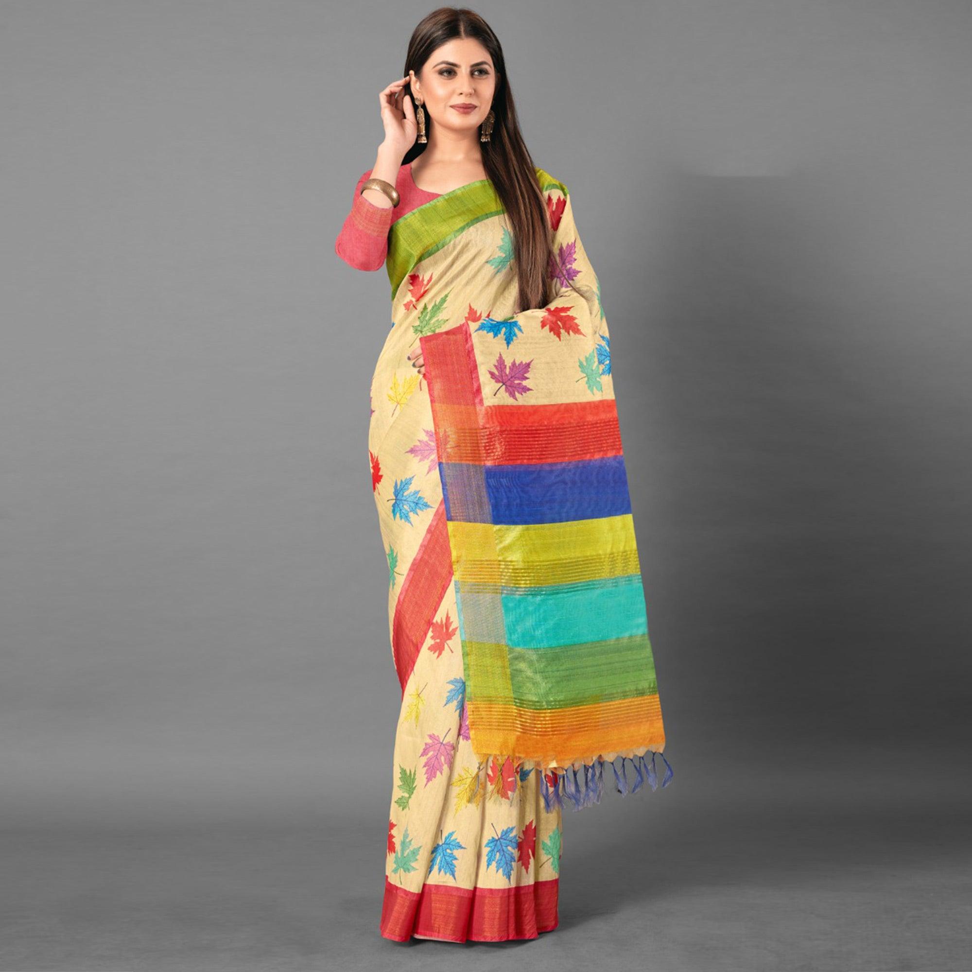 Multicolor Casual Wear Leaf Cotton silk Saree - Peachmode