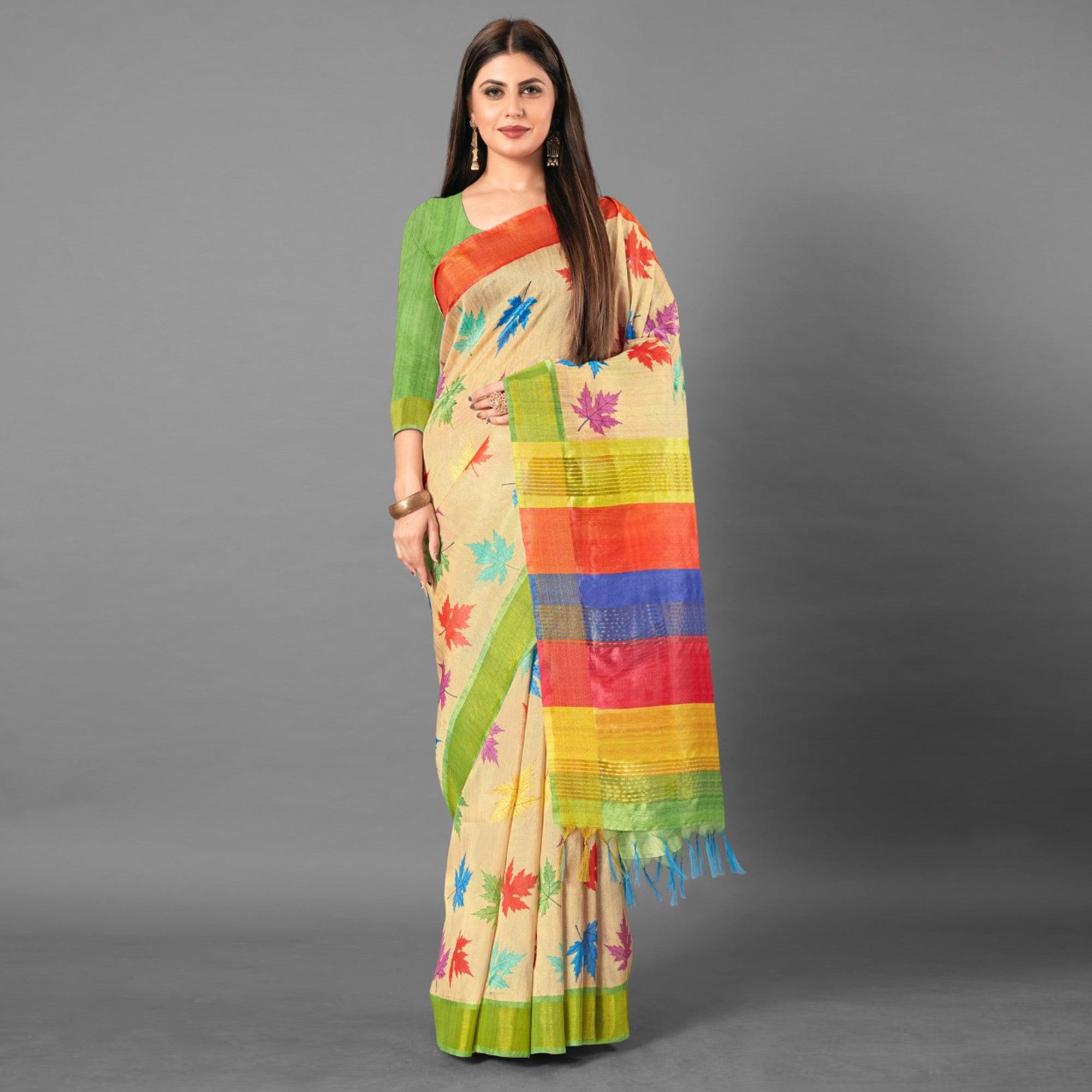 Multicolor Casual Wear Leaf Cotton silk Saree - Peachmode