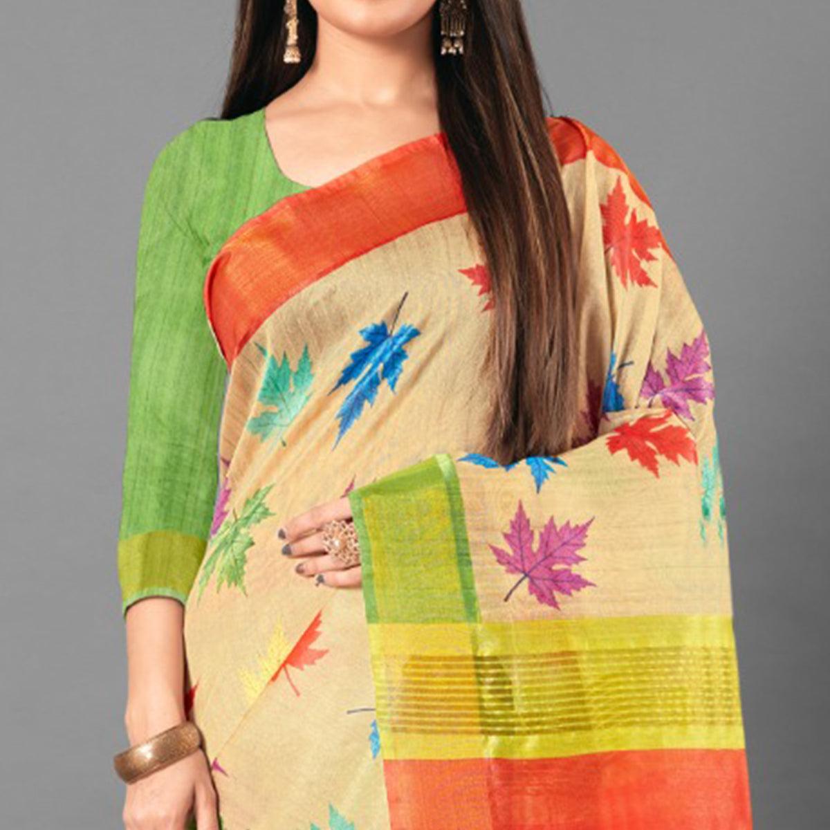 Multicolor Casual Wear Leaf Cotton silk Saree - Peachmode