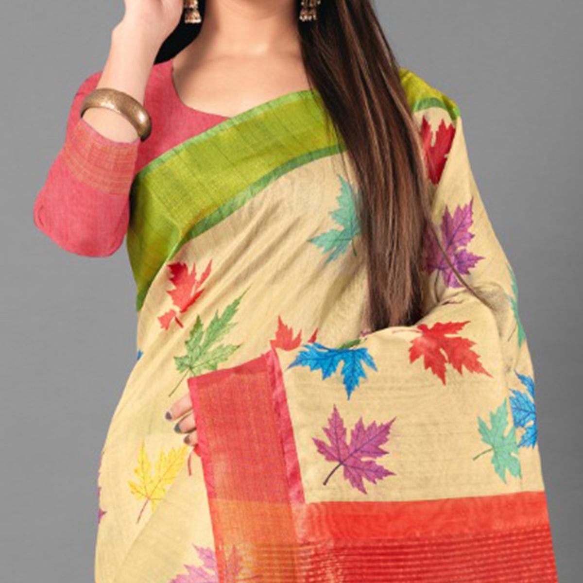 Multicolor Casual Wear Leaf Cotton silk Saree - Peachmode