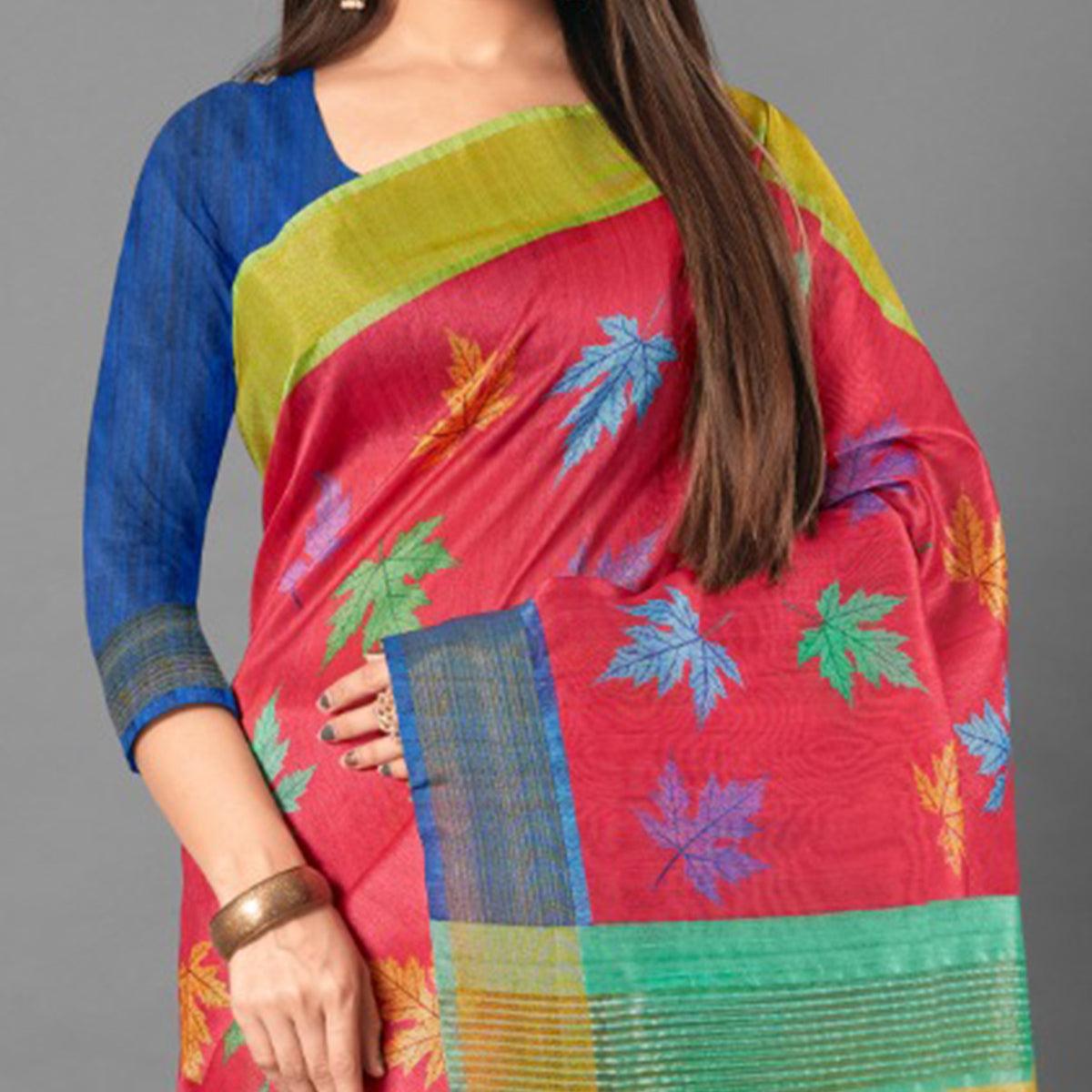 Multicolor Casual Wear Leaf Cotton silk Saree - Peachmode