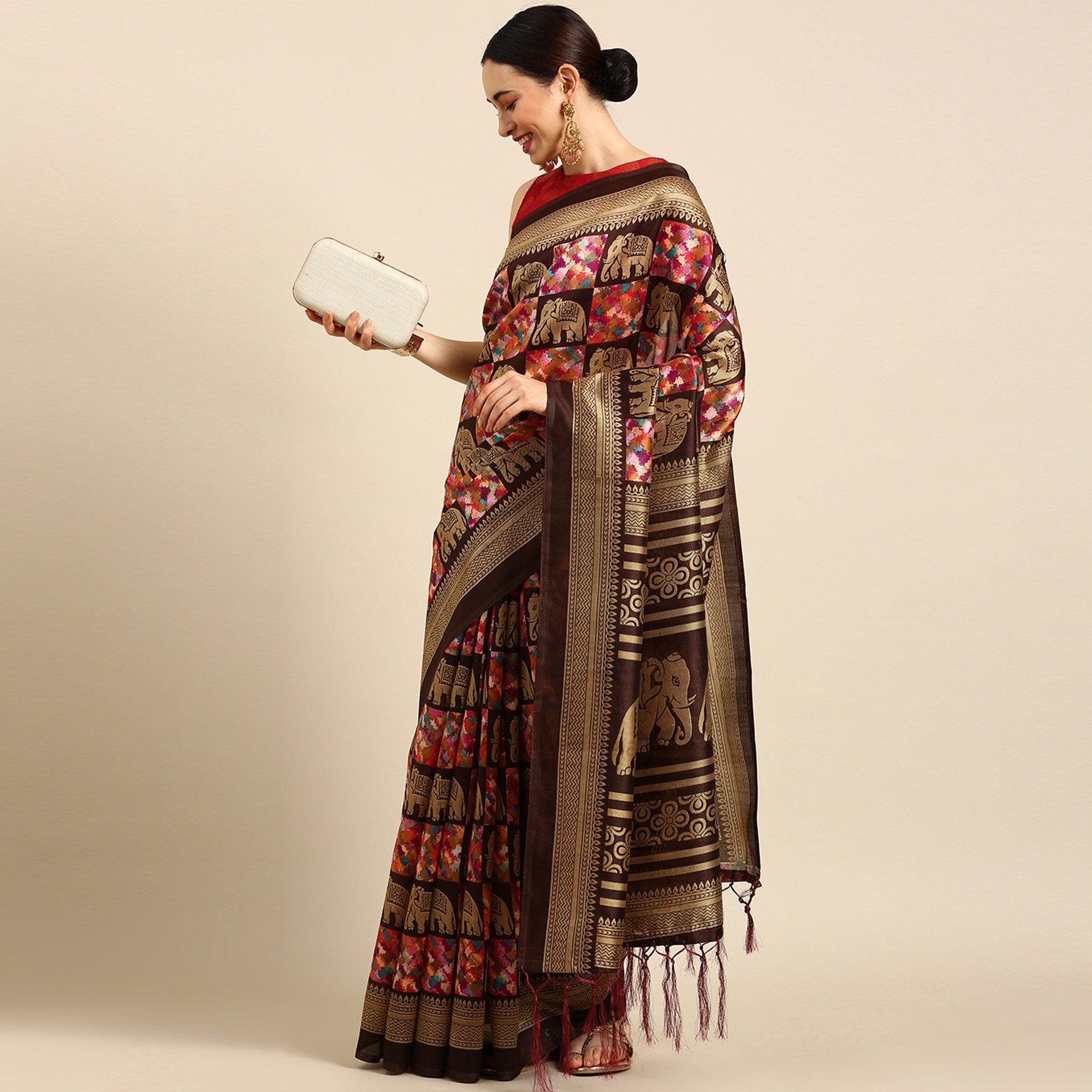 Multicolor Casual Wear Printed Art Silk Saree - Peachmode