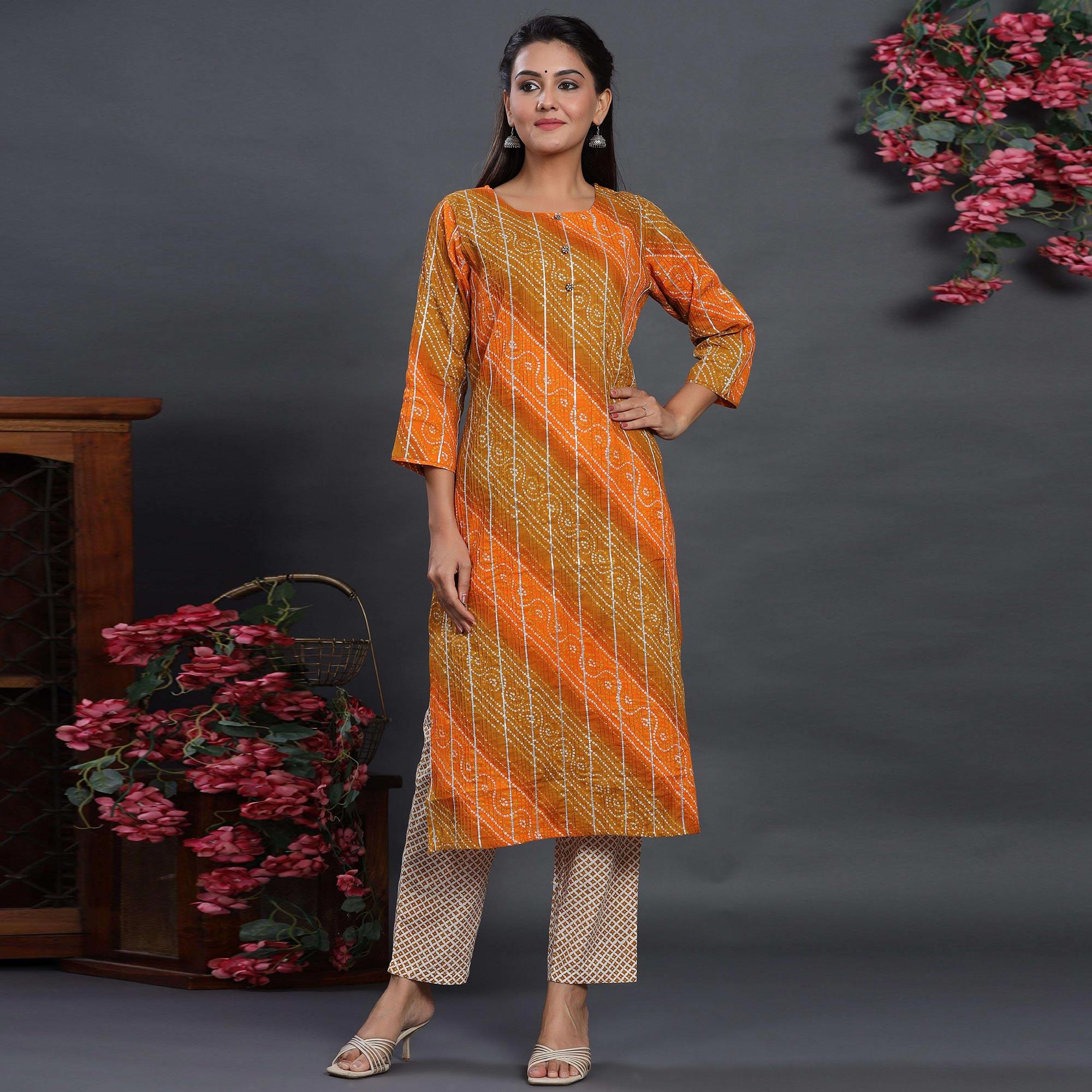 Multicolor Casual Wear Printed Cotton Kurti - Pant Set - Peachmode