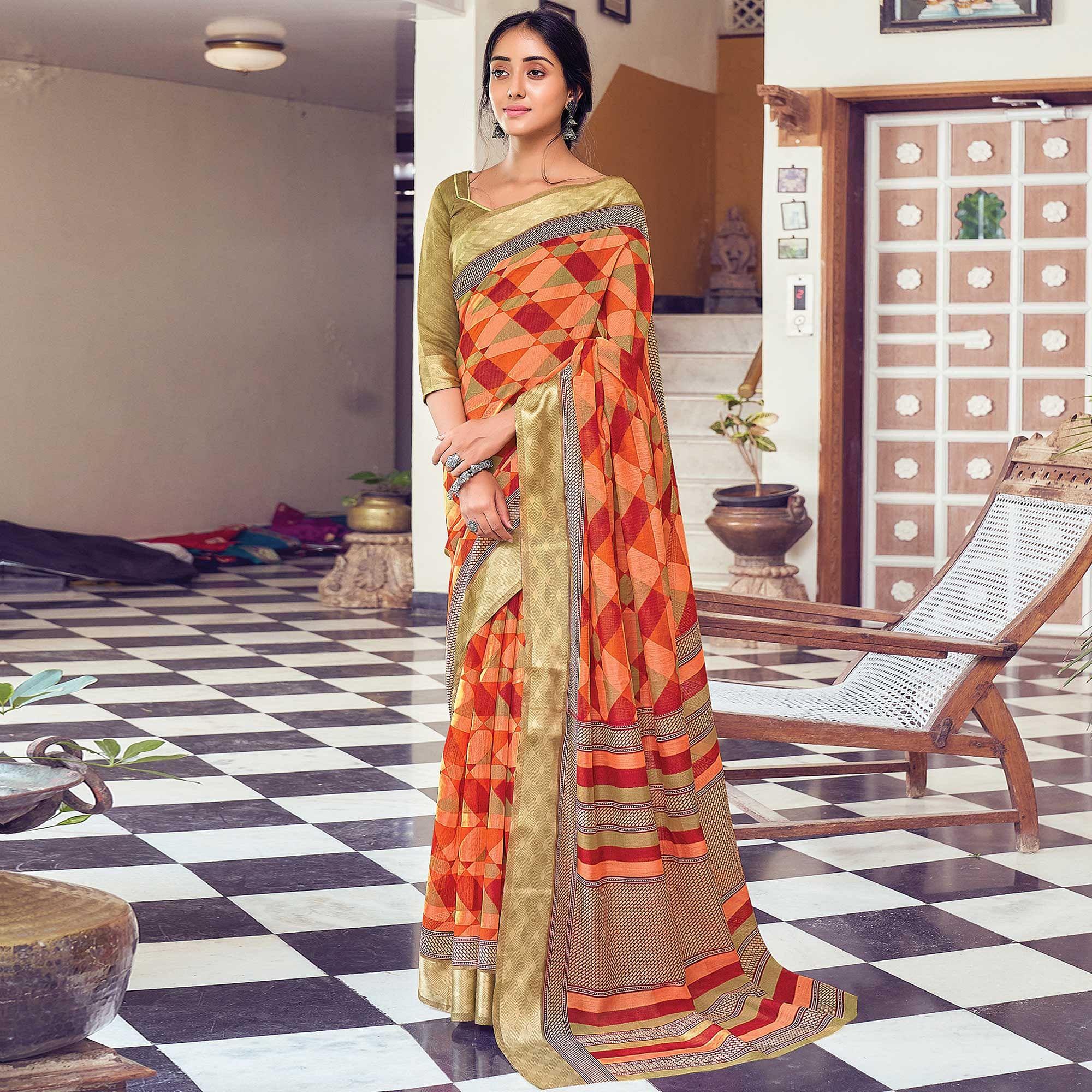 Multicolor Casual Wear Printed Cotton Saree - Peachmode